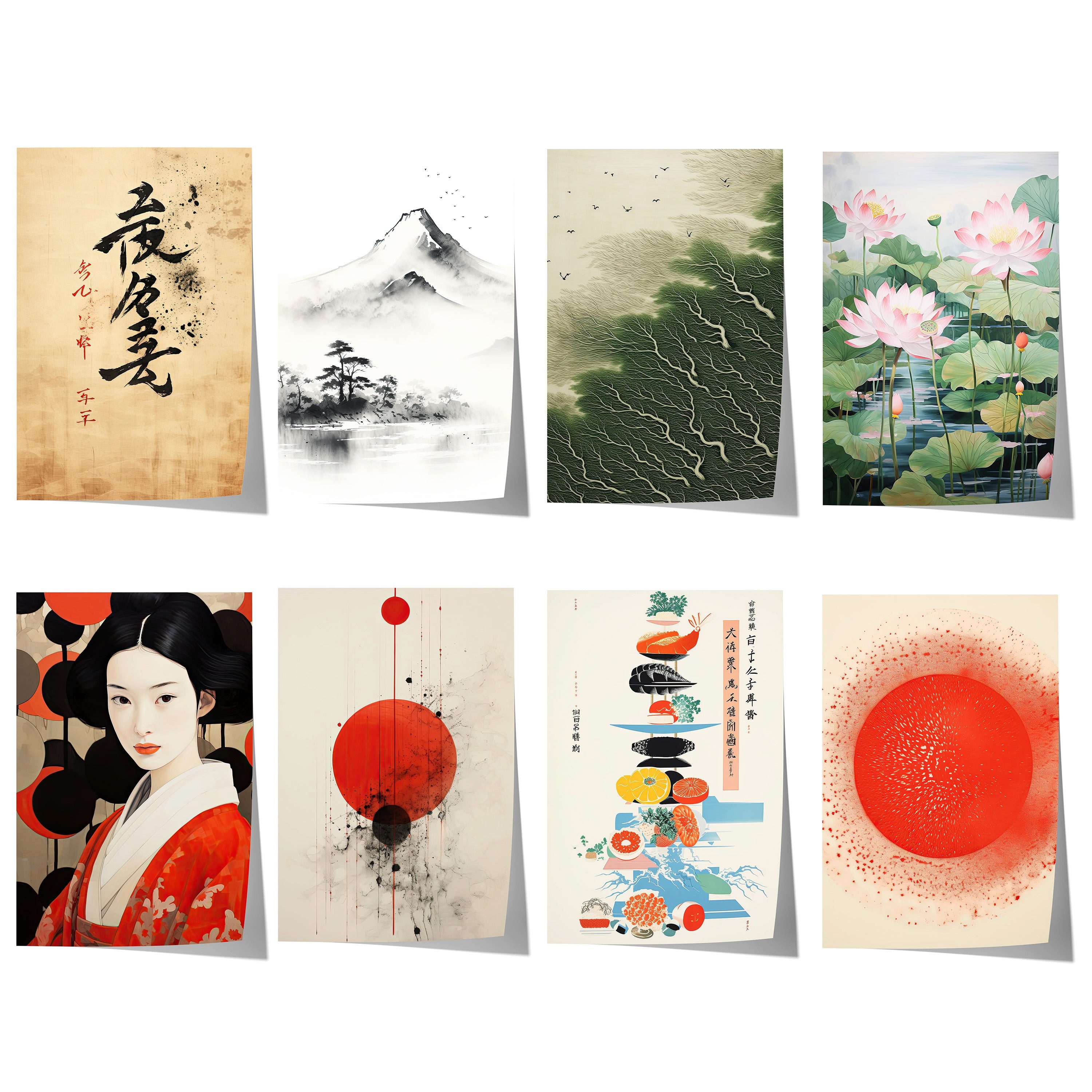 JUSTGOODMOOD Poster Japan Geschenkidee Zen Kalligrafie Fuji Geisha und Lotusblüten Dekopri, G (1 St)