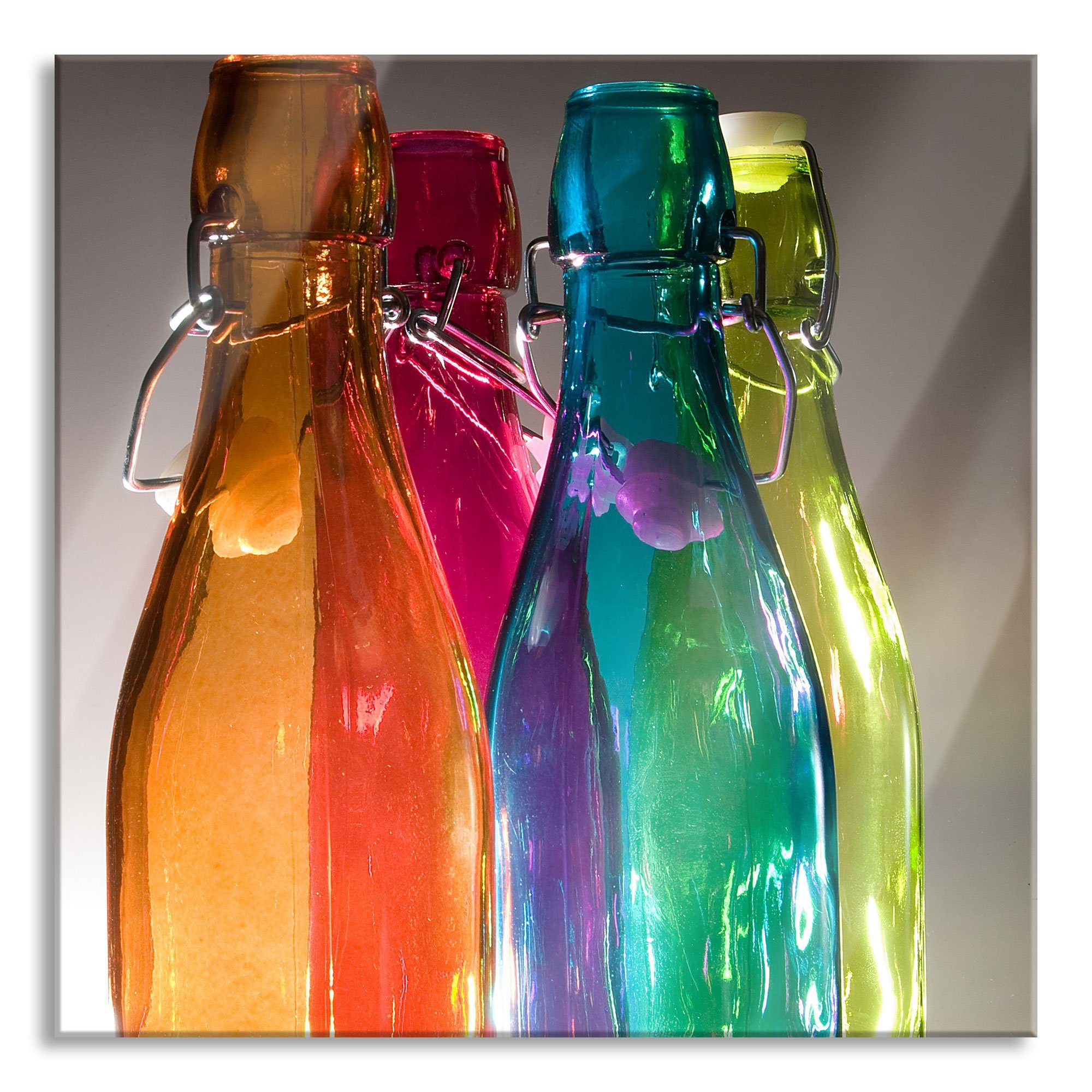 Pixxprint Glasbild bunte Glasflaschen, bunte Glasflaschen (1 St), Glasbild aus Echtglas, inkl. Aufhängungen und Abstandshalter