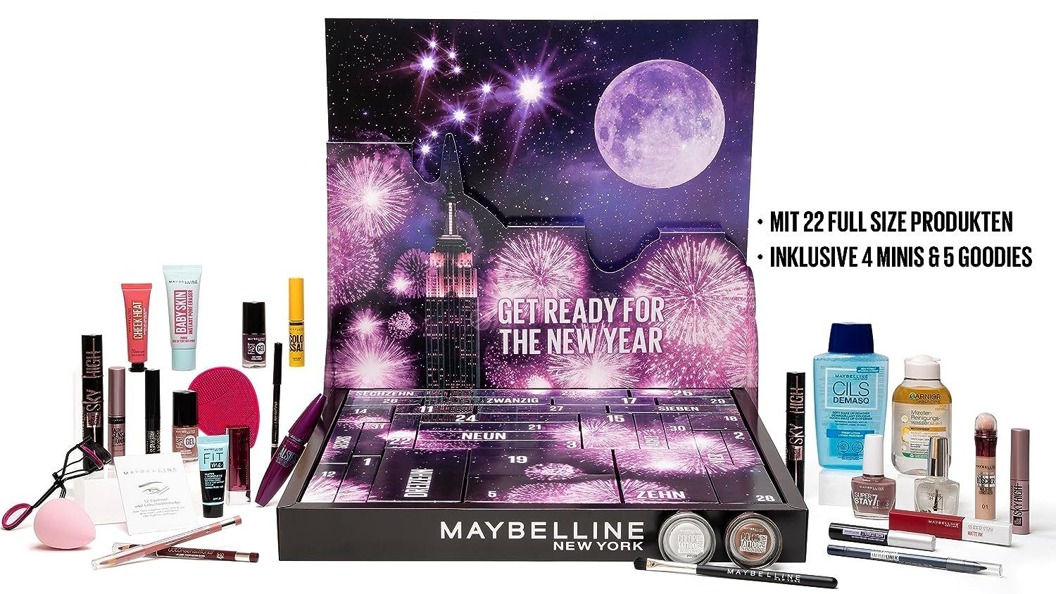 MAYBELLINE NEW YORK Adventskalender 2023 Countdown to New Year mit Kosmetik hinter 31 Türchen (1-tlg), Beauty Weihnachtskalender mit Make Up, 1 Stück