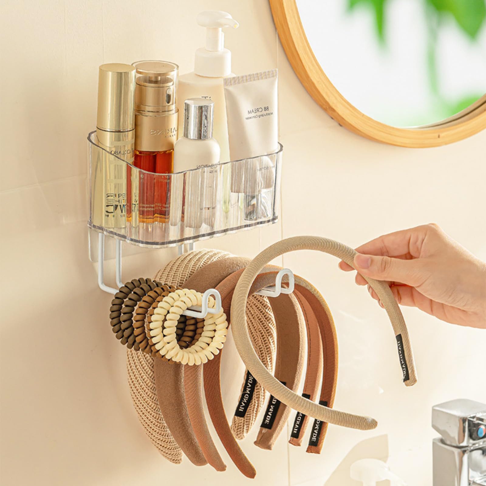 MOPUEA Handtuchregal Wallhalterung Stirnbandhalter Haaraccessoires Organizer, selbstklebend, mit klarem Acryl-Behälter für Scrunchies,Schleifen,Spangen und Schmuck