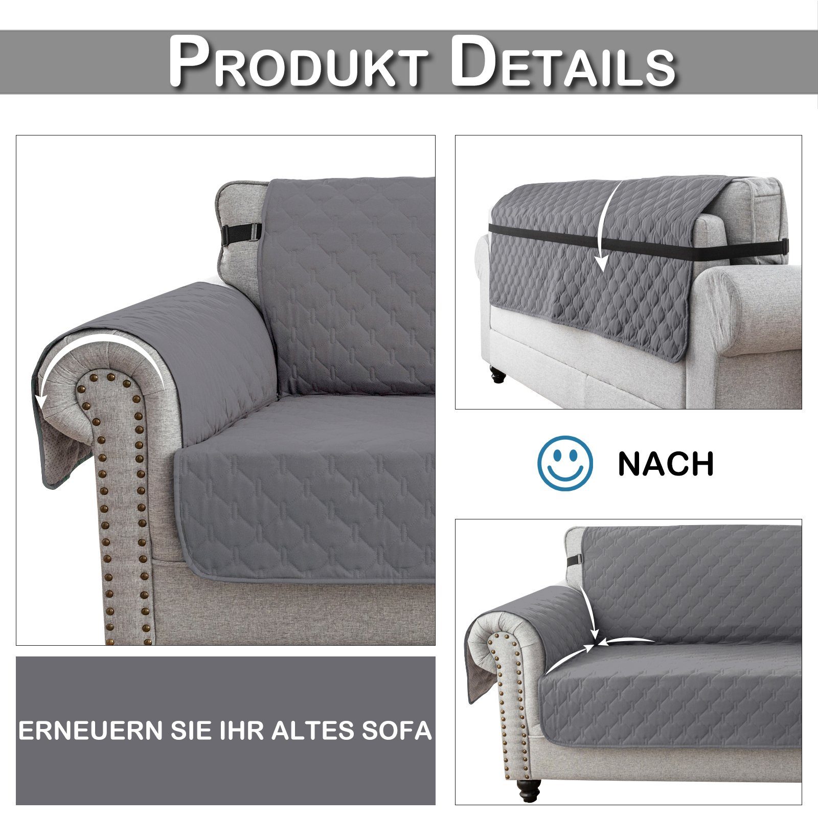 Farben,3 Sofaschoner Riemen-Befestigung Sitzer Rutschfeste,Wasserdicht mit Taschen, 4 Sofahusse Sesselschoner Größen, 1/2/3 BTTO, Sesselschoner Grau