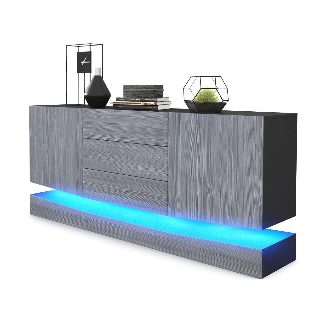 Vladon Sideboard City (Kommode mit 2 Türen, und 3 Schubladen inkl. LED-Beleuchtung), Schwarz matt/Avola-Anthrazit (178 x 72 x 38 cm)