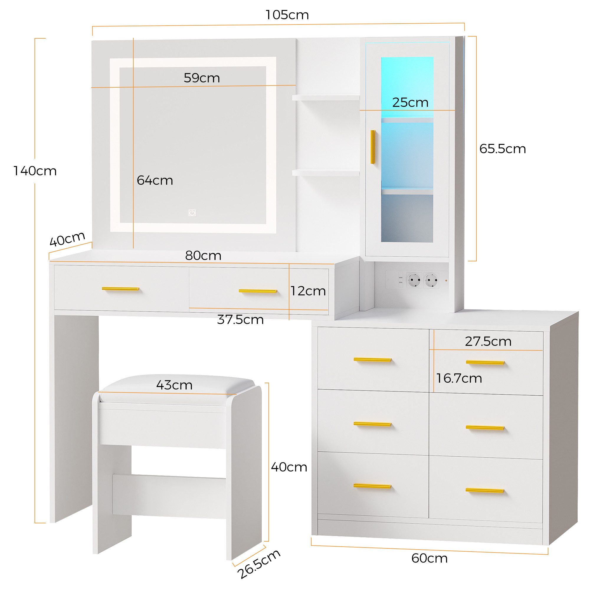 BEWISHOME Schminktisch mit Spiegel und Hocker, acht Schubladen, 131 x 40x 140cm (1-St), farbiger Beleuchtung und einstellbarer LED-Beleuchtung