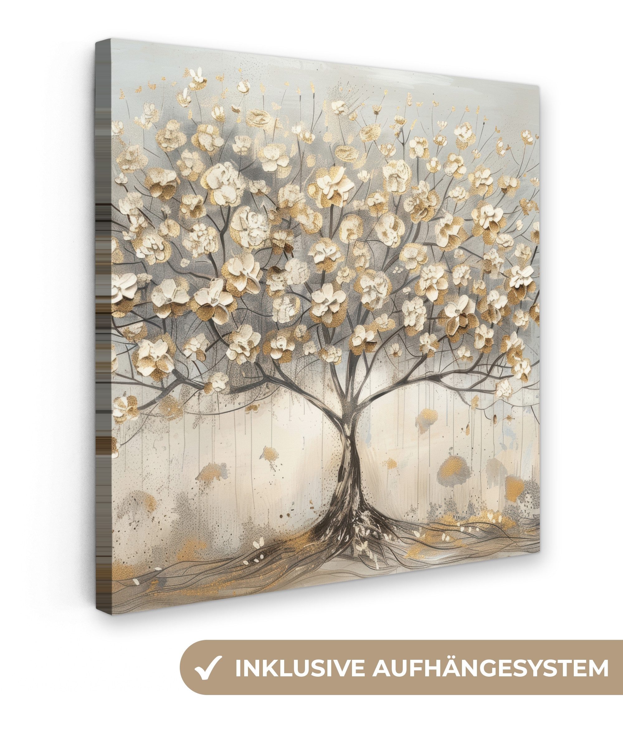 OneMillionCanvasses® Leinwandbild Baum - Beige - Gold - Farben Optik - Grau, Fotodruck (1 St), Wandbild, Deko Schlafzimmer Wohnzimmer Flur 20x20 cm