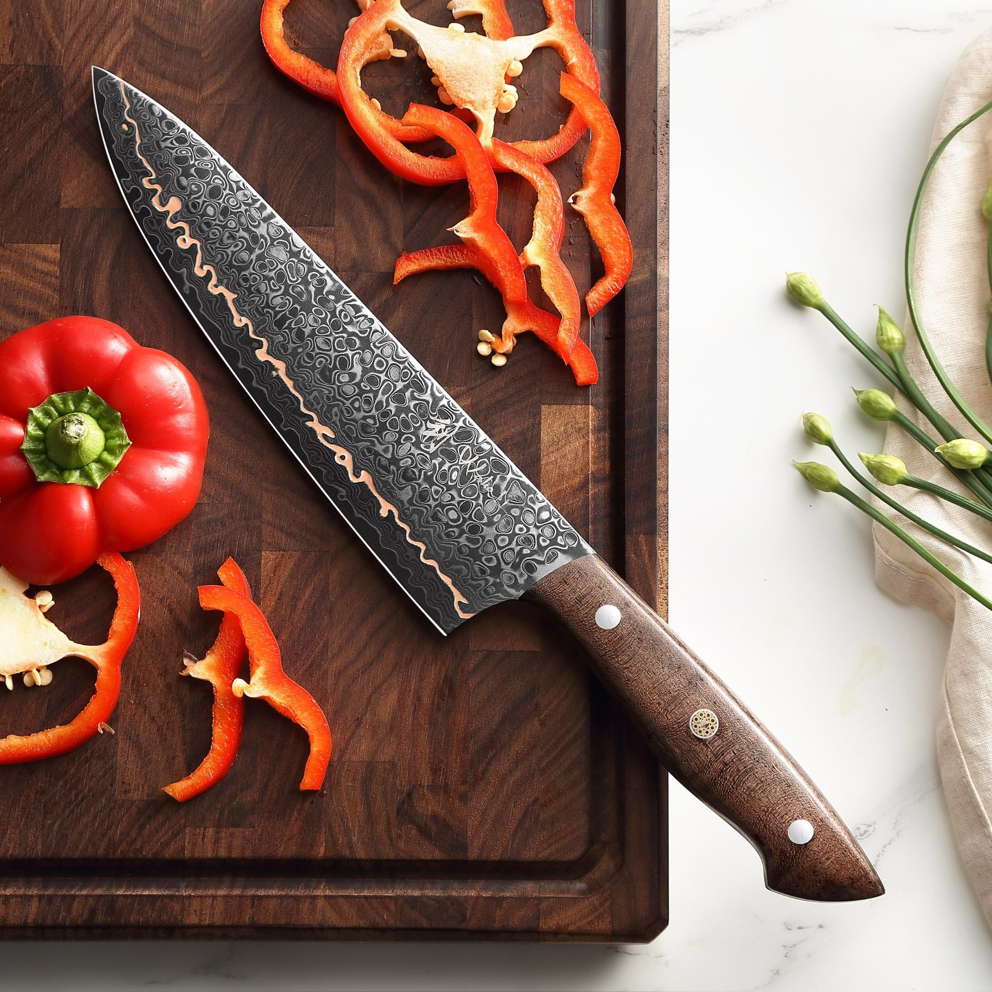 Wakoli Damastmesser Kawa Damast Chefmesser Küchenmesser Kochmesser 20 cm Klinge mit Kupfer, Damaststahl, Kupfereinlage, VG10