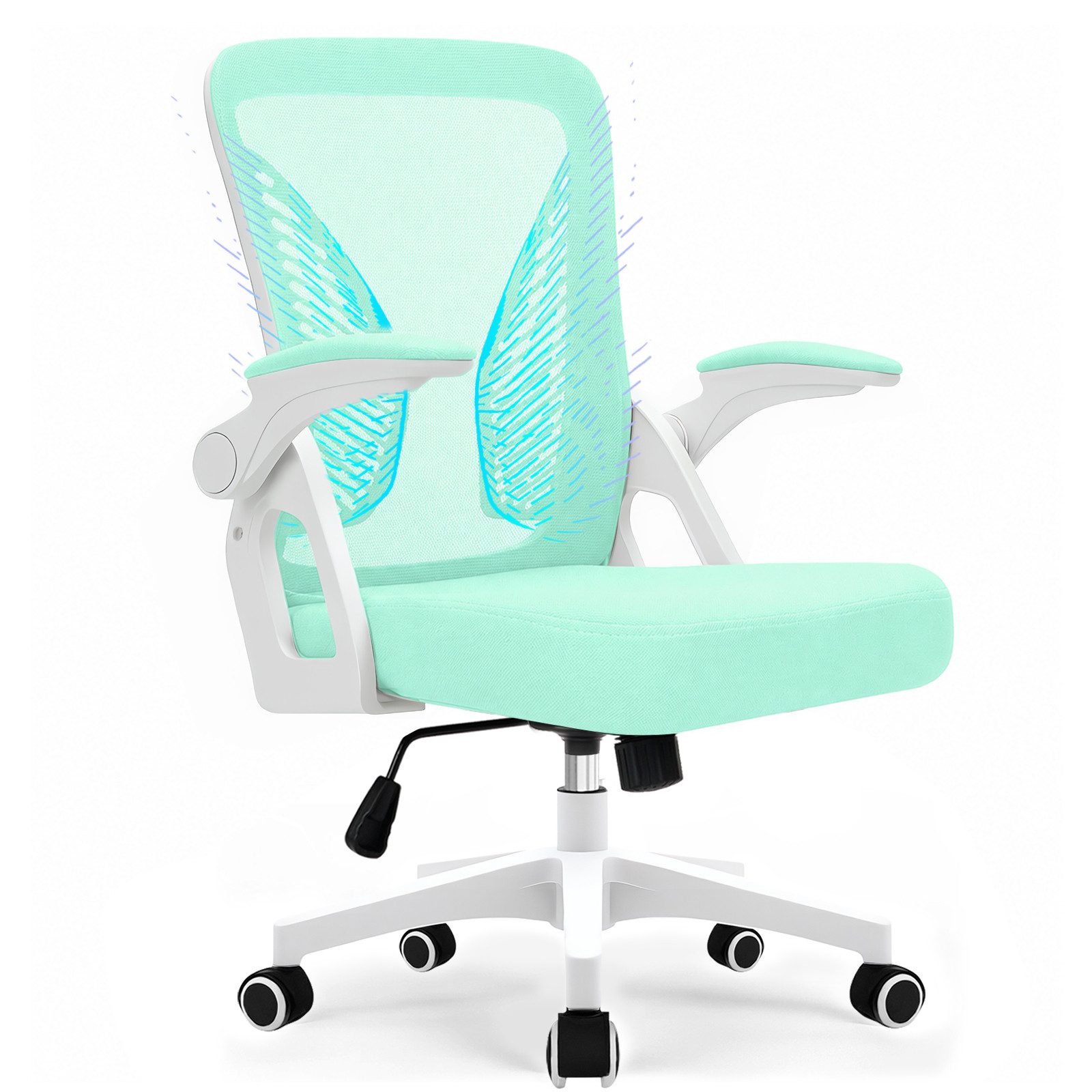Milacyee Bürostuhl Ergonomischer Bürostuhl mit 90° klappbaren, gepolsterten Armlehnen (Höhenverstellbarer Atmungsaktiv Chefsessel mit geräuscharmen Rollen,Drehstuhl mit dynamische Rückenstütze), Platzsparend, Atmungsaktives Mesh, 150 kg Belastbarkeit