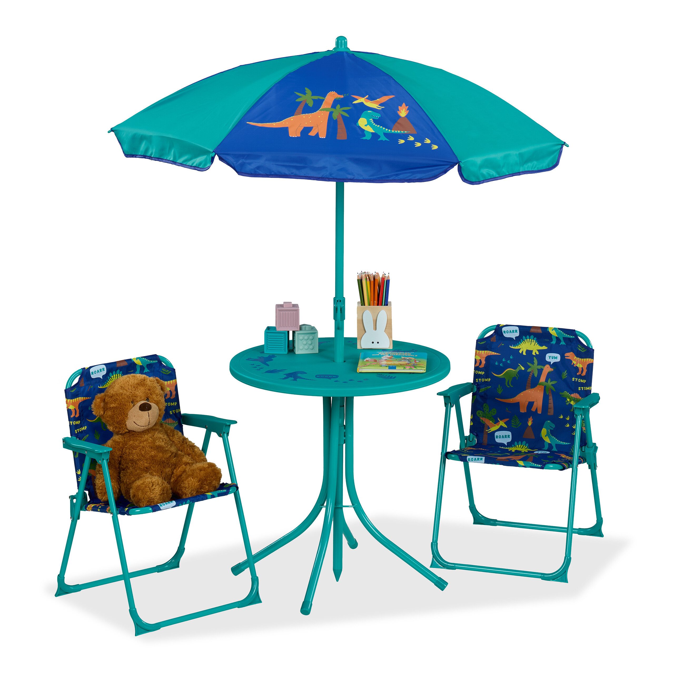 relaxdays Garten-Kindersitzgruppe Camping Kindersitzgruppe mit Schirm, (4-tlg), Dino