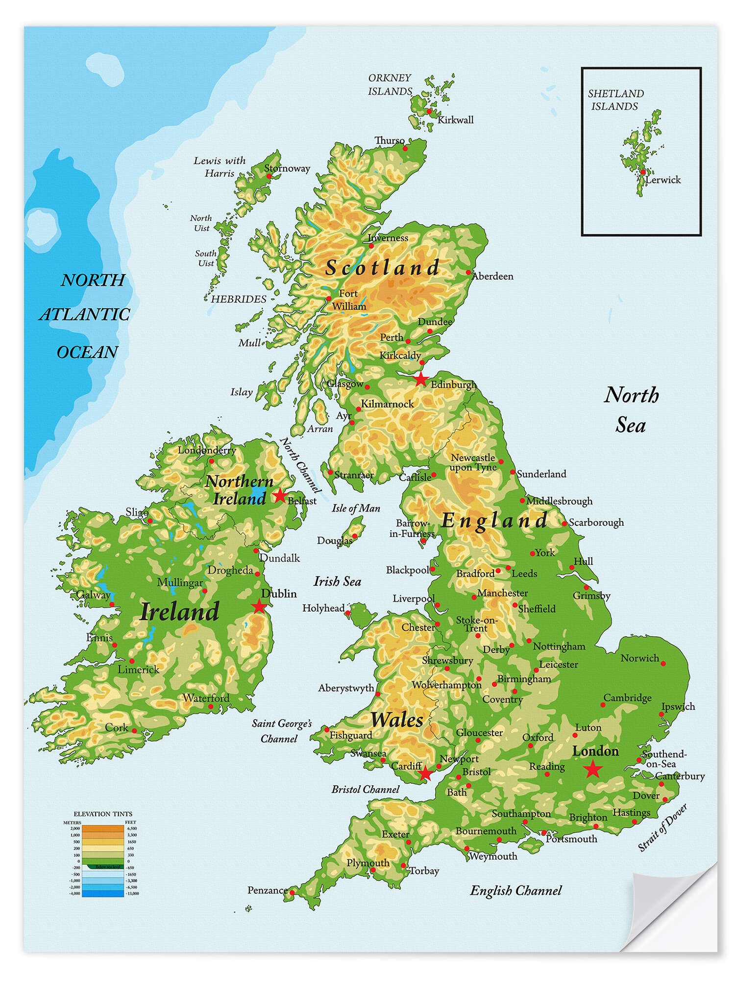 Posterlounge Wandfolie Editors Choice, Topografische Karte von Großbritannien und Irland (Englisch), Wohnzimmer Illustration