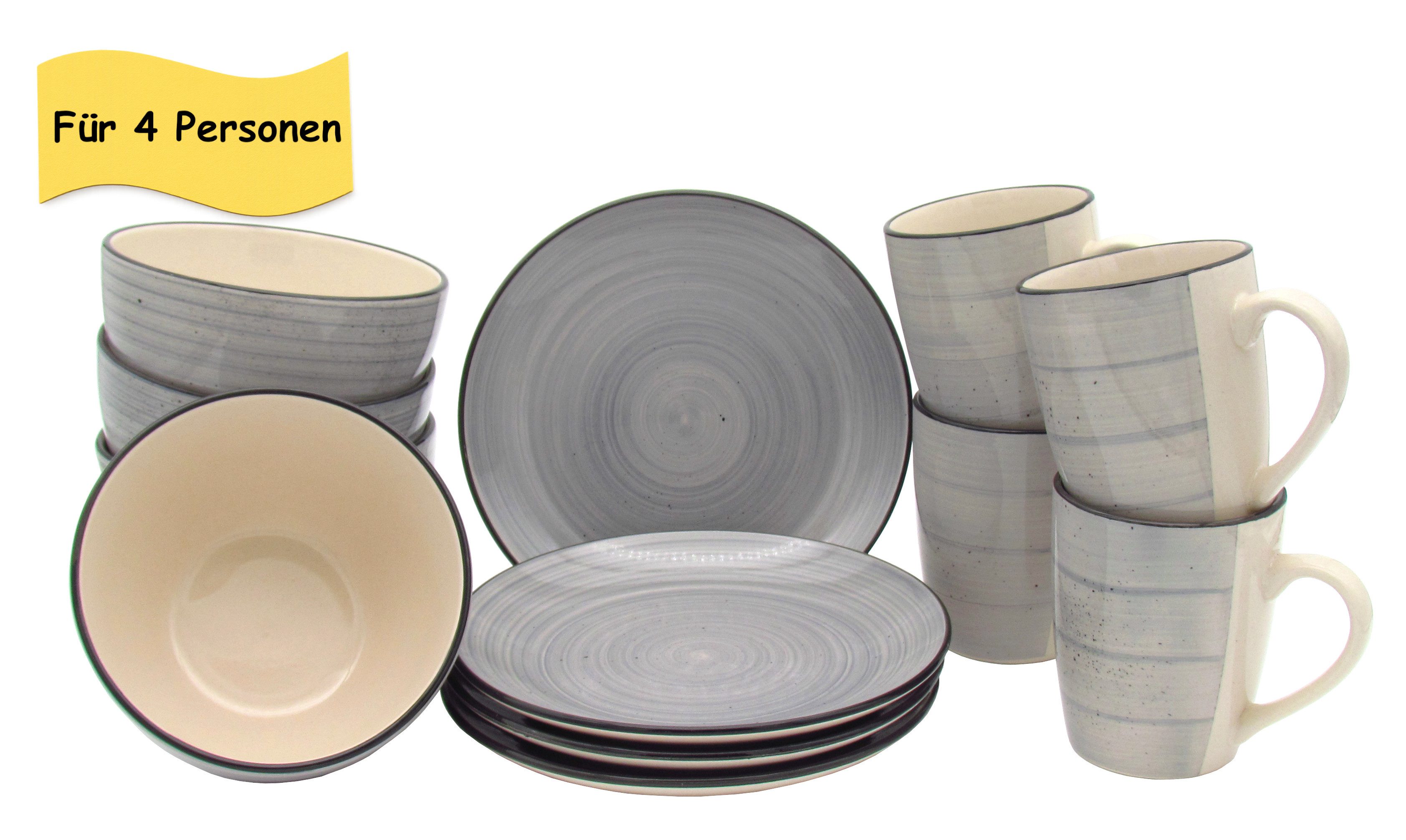 steinwohn Frühstücks-Geschirrset Keramik Frühstücks-Service 12-/18-teilig für 4 oder 6 Personen (12-tlg), Vintage Look, Spülmaschinen- & Mikrowellengeeignet