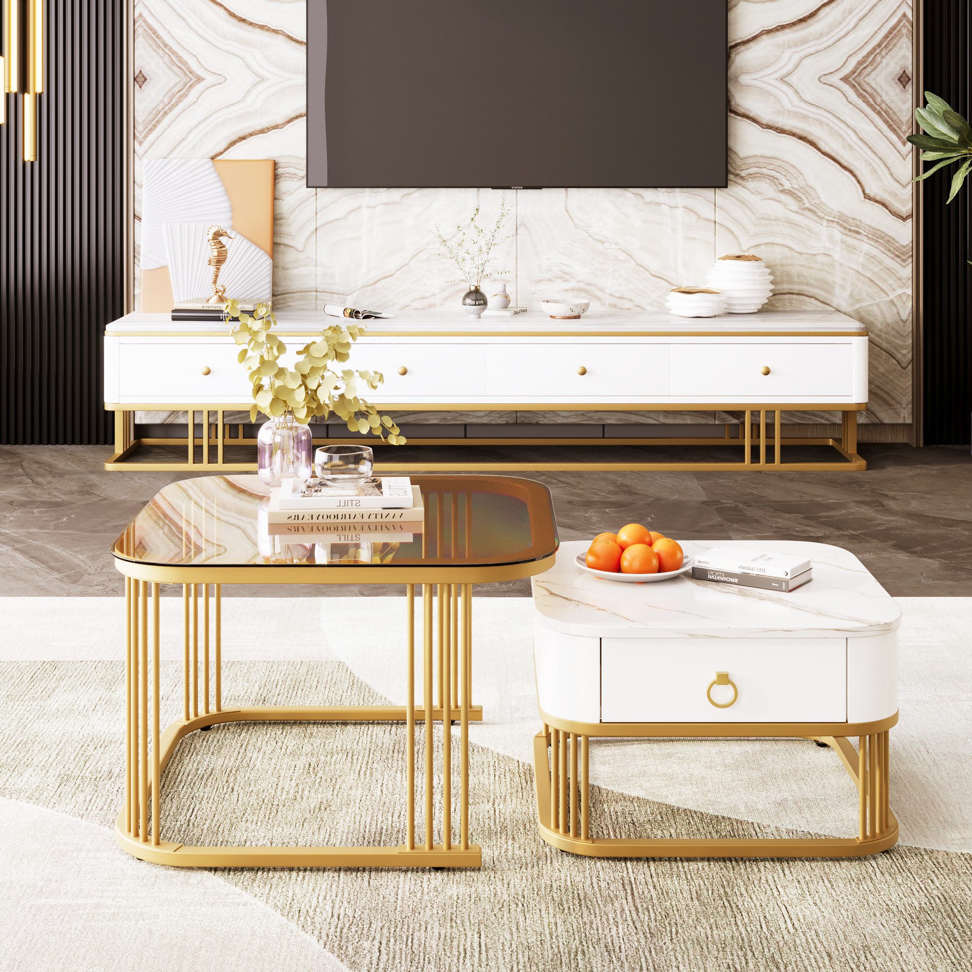 Odikalo Couchtisch Beistelltisch Sofatisch Kaffeetisch Marmoroptik Glasplatte Schubladen, tish1:60*60*45,5 tish2: 50*50*34,5cm – Bild 3 von 5