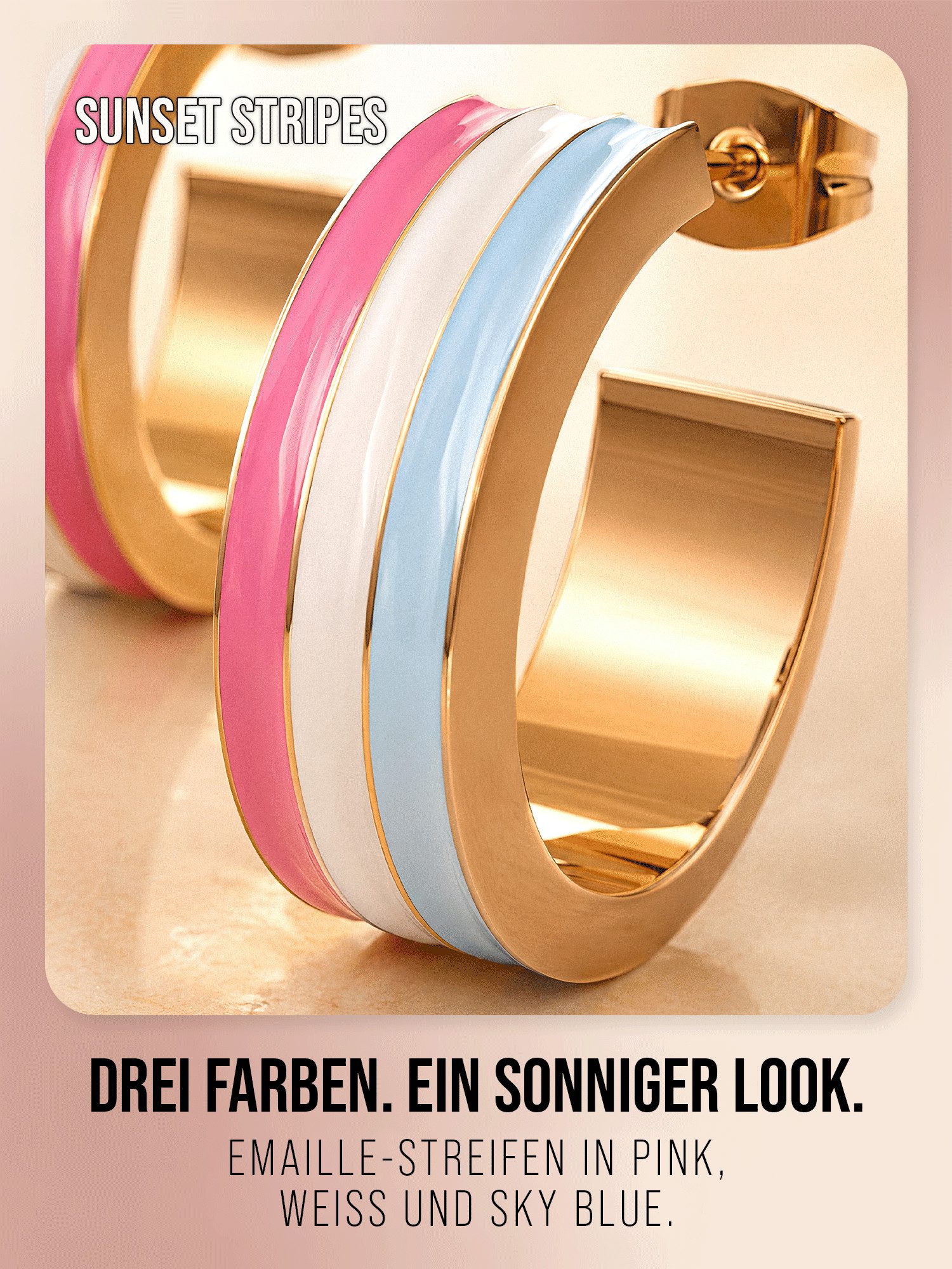 THIORA Paar Creolen Malibu Sunkiss, farbige Emaille-Streifen, 20 mm