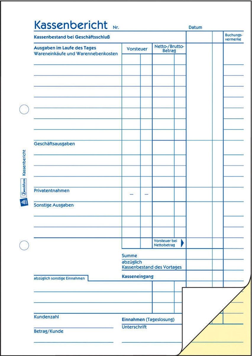 Avery Zweckform Formularblock Formularbuch Kassenbericht A5 vorgelocht 2x50 Blatt mit Ausfüllhilfe