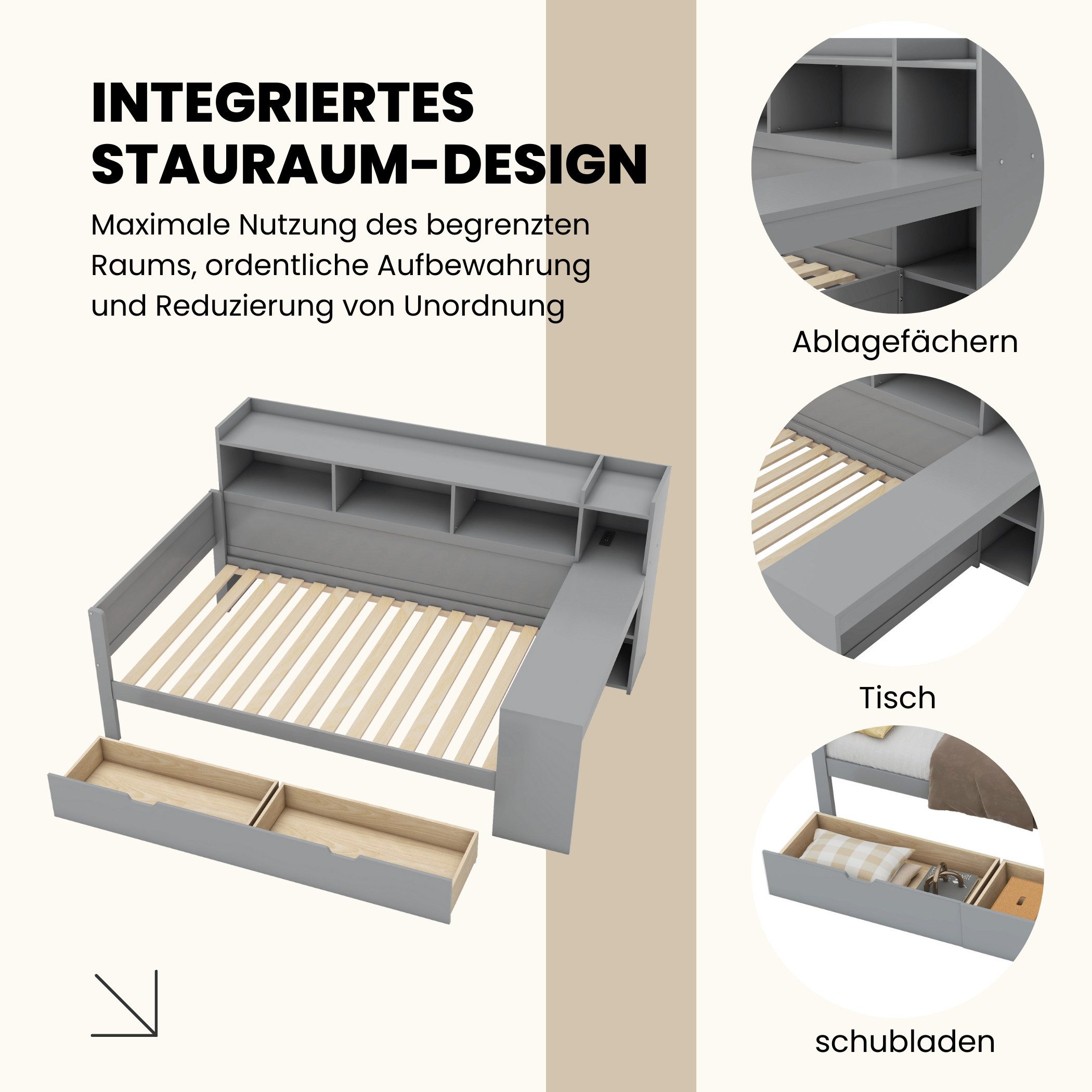 SeedWave Stauraumbett Holzbett mit Tisch, Regal günstig online kaufen