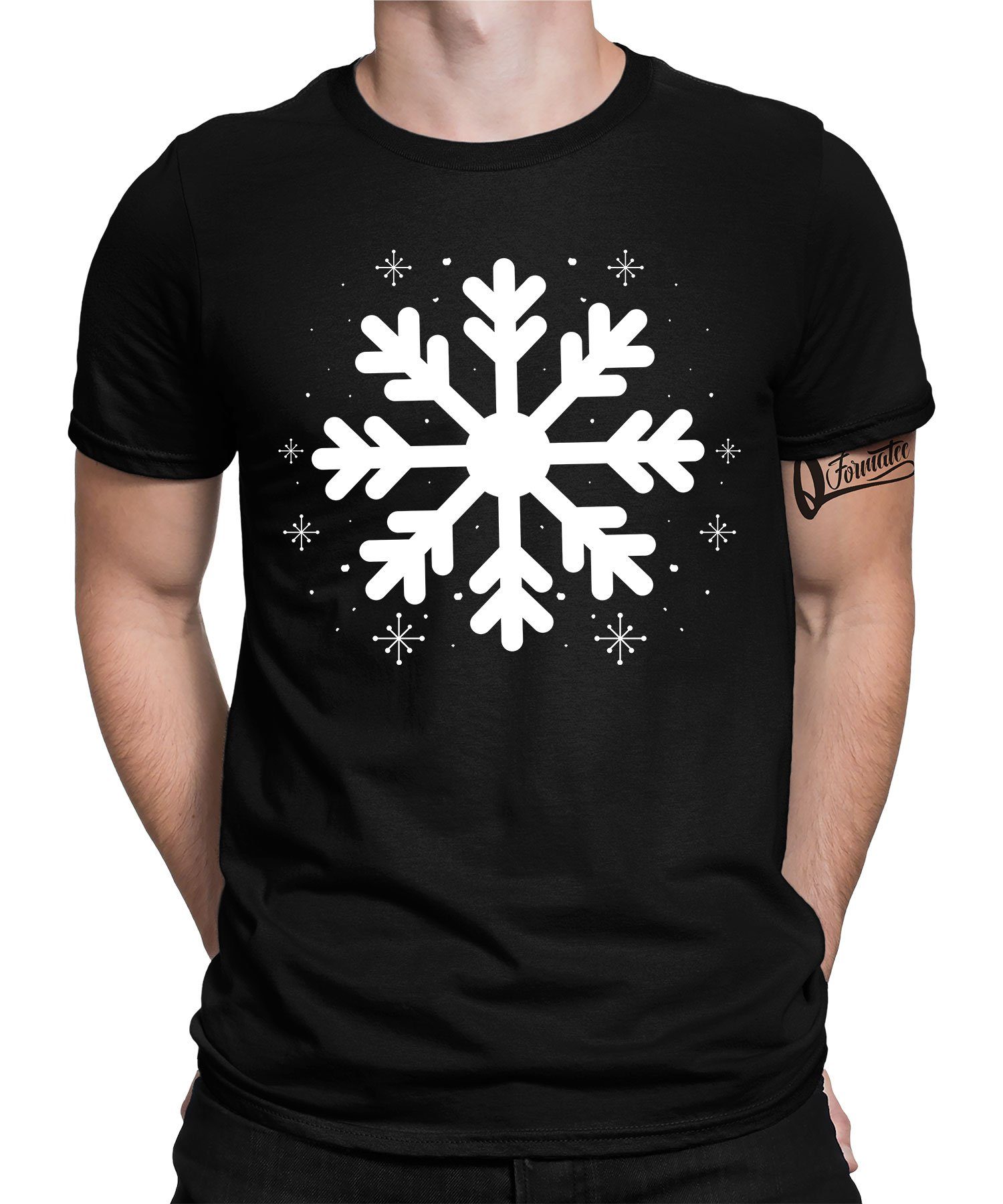 Quattro Formatee Schwarz Herren - Schneeflocke T-Shirt (1-tlg) Kurzarmshirt Weihnachten X-mas Weihnachtsgeschenk