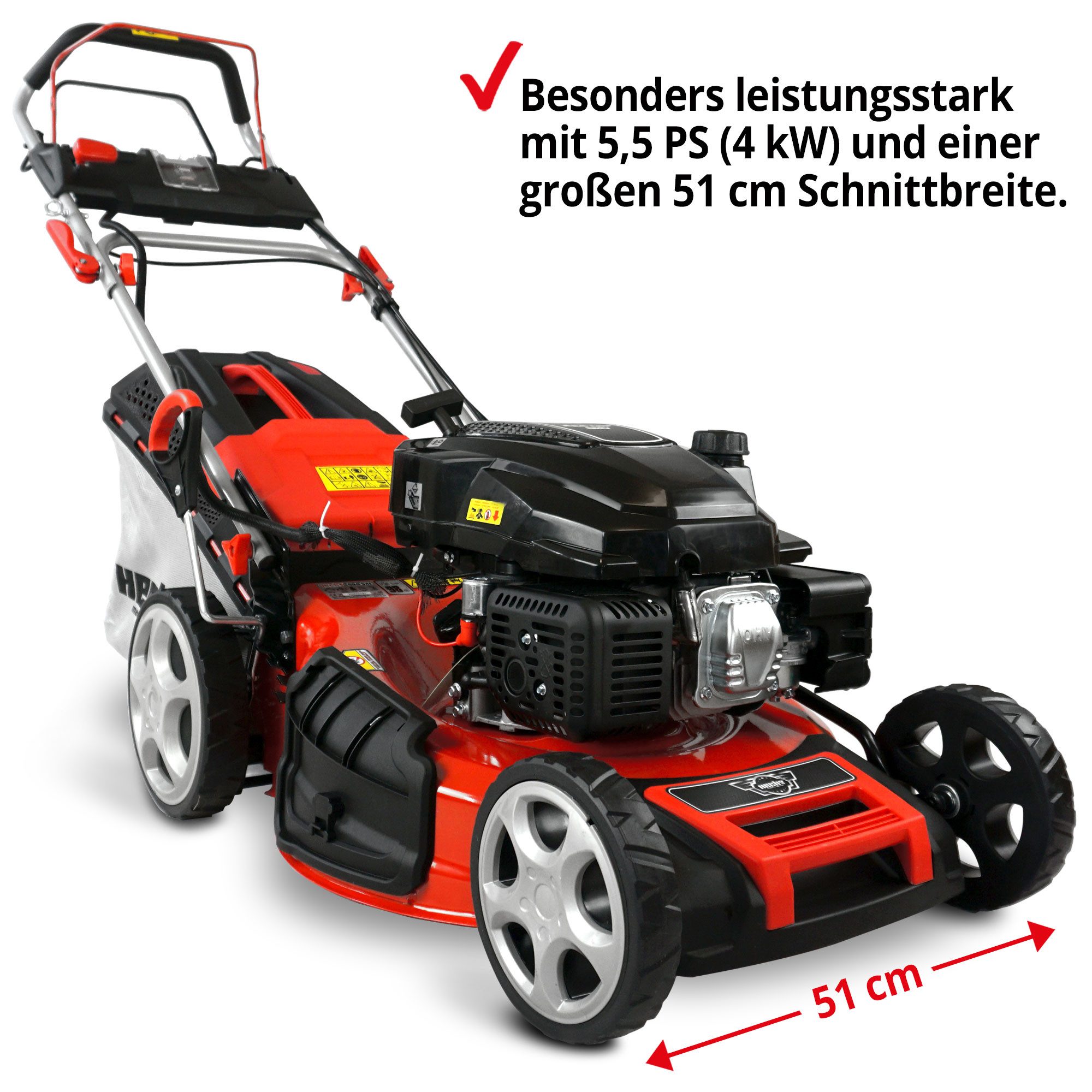 Hecht Benzinrasenmäher 551 SXE mit Radantrieb Elektrostart, 51 cm Schnittbreite, 5,5PS, 5in1, 65L Fangkorb, Mulchkit