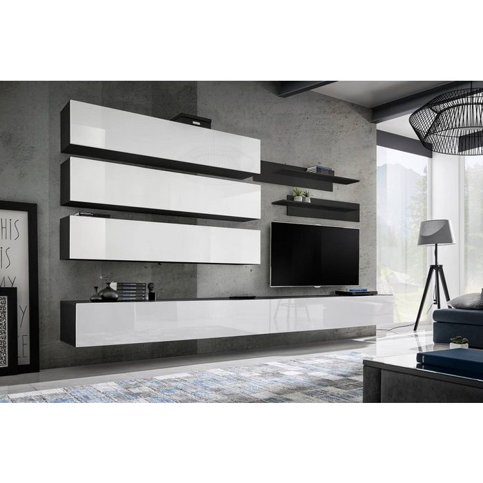 Stylefy Wohnwand Fli J1 (Wohnmöbel Wohnzimmer-Set Set (7-St) bestehend aus 3xHängeschrank 2xWandboard und 2xLowboard Modern Hochglanzfronten variabel hängbar mit Push-to-Open aus Holzwerkstoff