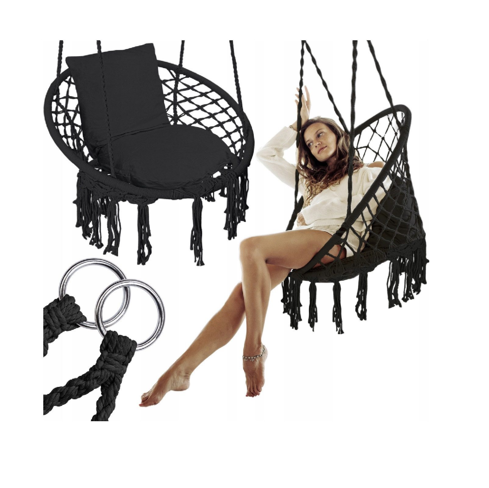QLS Hängesessel mit Kissen bis 150kg Schwarz, für Garten & Zuhause Schaukelstuhl 100% Baumwolle