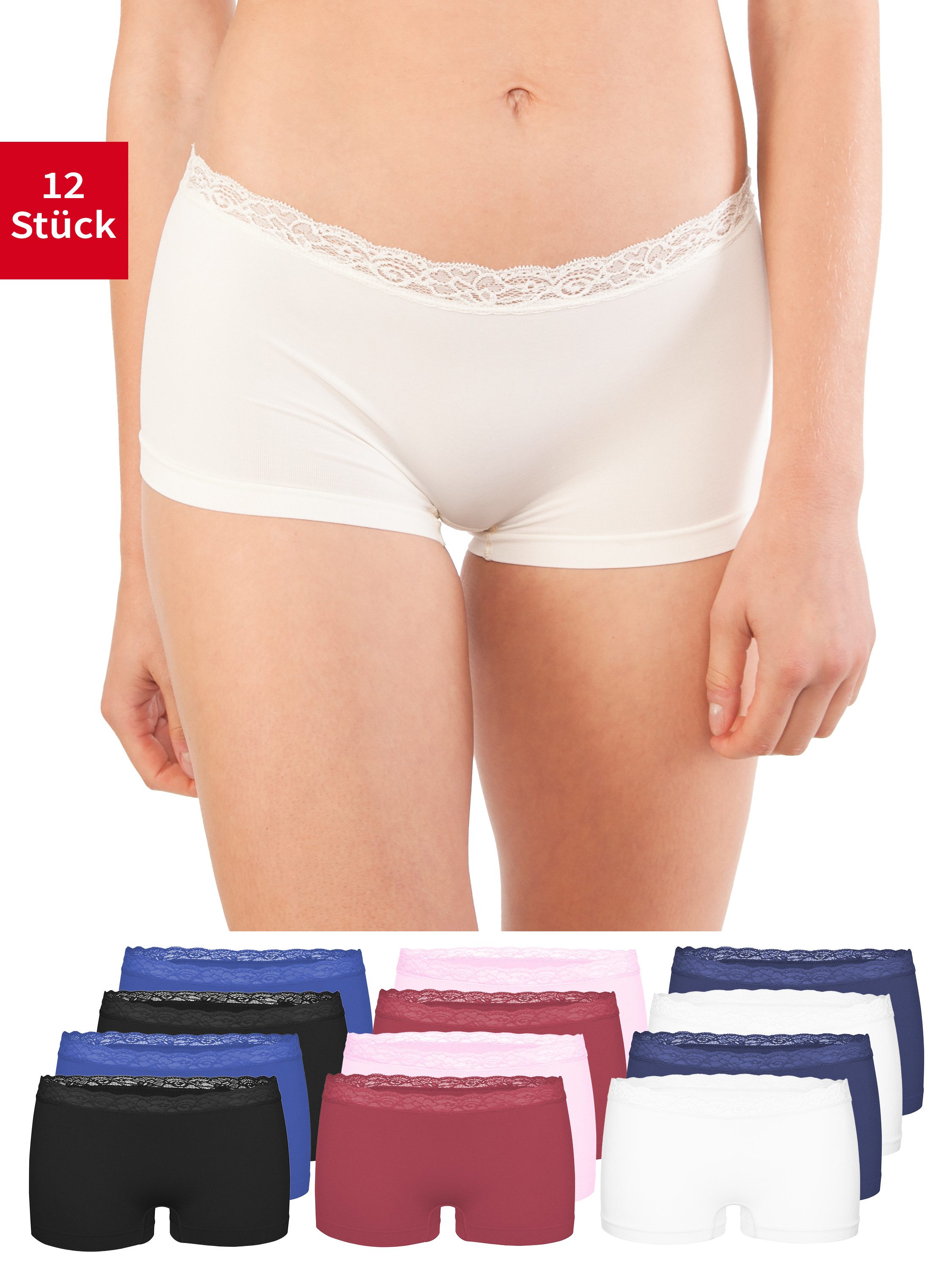 Fabio Farini Boxershorts Damen Unterhosen - Microfaser Frauen Boxer Slip (Packung, 12-St) mit dezenter Spitze am Bund