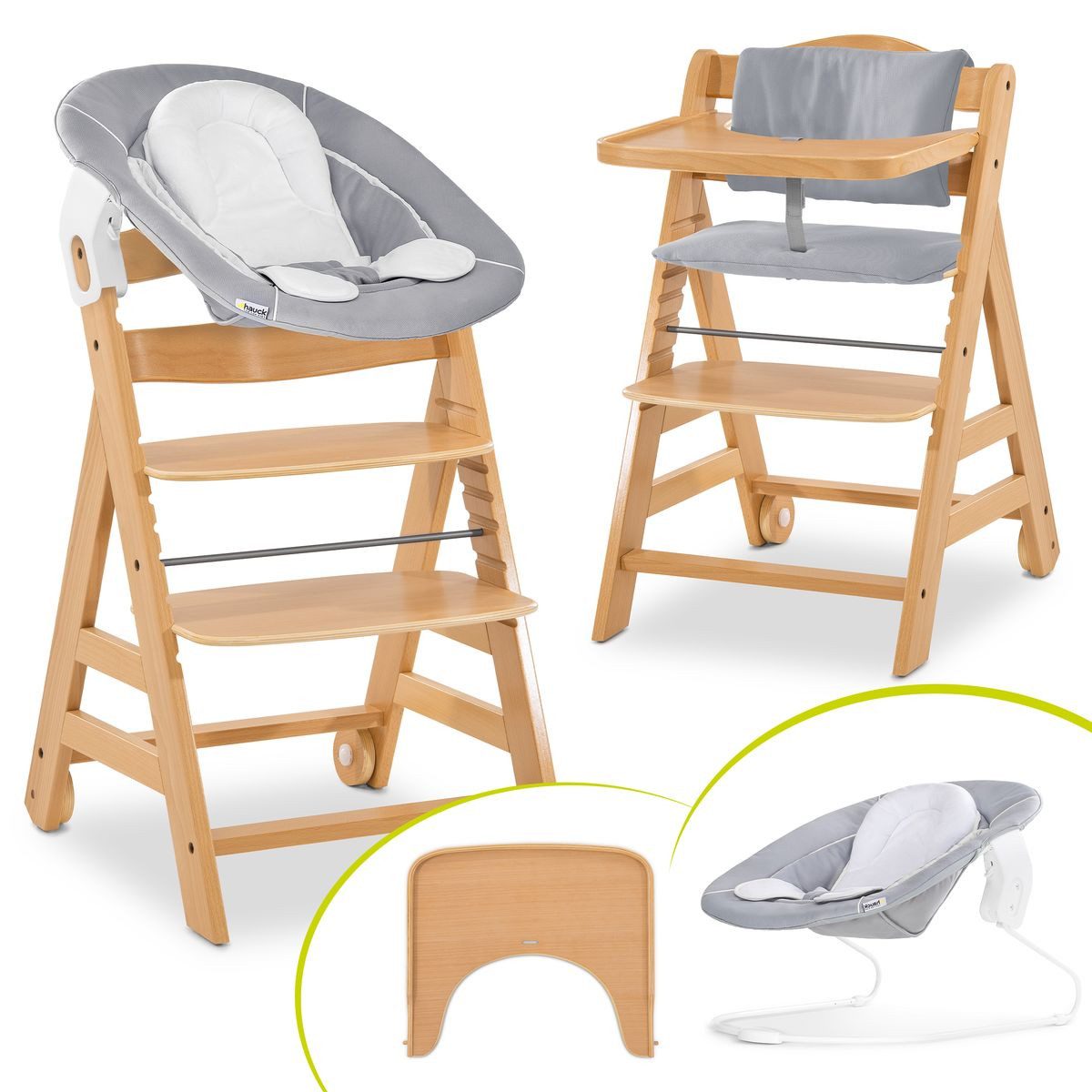 Hauck Hochstuhl Alpha Move Natur Newborn Set, Holz Babystuhl ab Geburt mit Neugeborenenaufsatz, Sitzkissen, Essbrett
