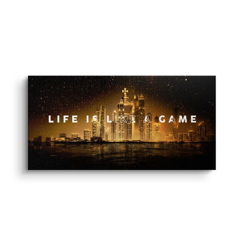 Panorama Figuren prem Skyline Schach DOTCOMCANVAS® Rahmen mit Motivation Leinwandbild, Zitat goldener Leinwandbild
