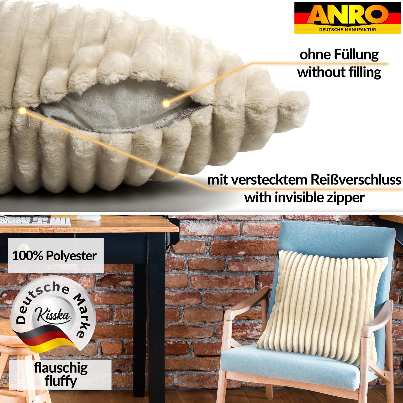 Kisska Dekokissen LILLI BIG CORD Velour Ambiente dekorieren, Kissenüberzug ohne Füllung BIG-Cord UNI 40x40cm Einfarbig Creme