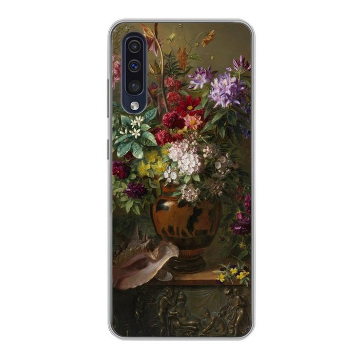 MuchoWow Handyhülle Stilleben mit Blumen in einer griechischen Vase: Allegorie des Handyhülle Samsung Galaxy A30s Smartphone-Bumper Print Handy