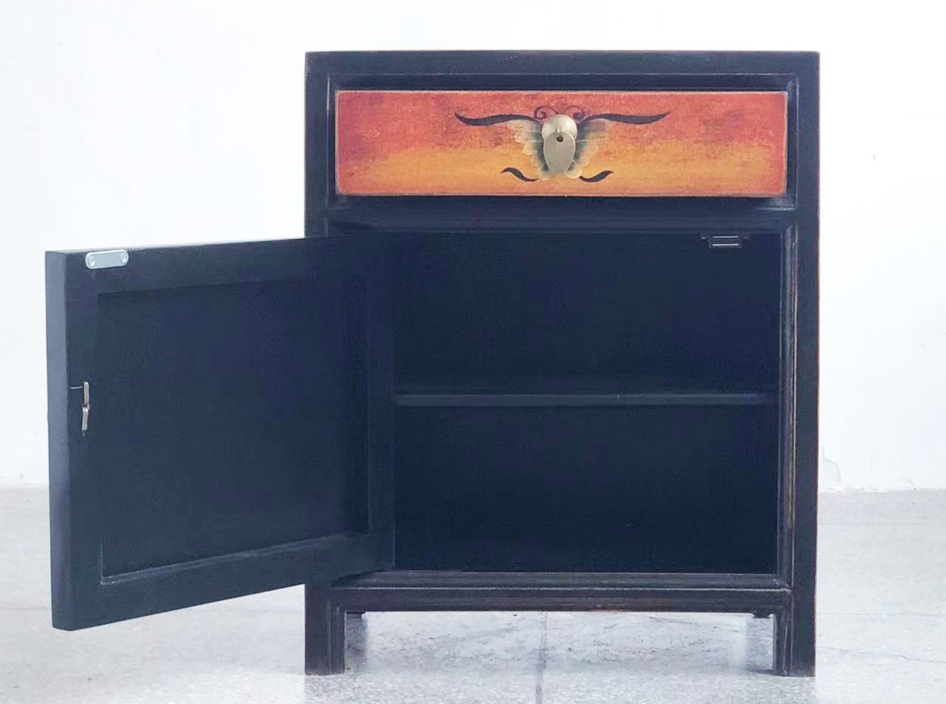 OPIUM OUTLET Nachtkommode Nichttisch Nachkonsole Kommode Nachtschrank (Asia Möbel Vintage-Stil Schlafzimmer Wohnzimmer Diele Flur, asiatisch chinesisch orientalisch fernöstlich), Nachtkästchen schwarz-orange