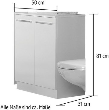 Saphir Unterschrank Quickset 335 Badschrank, 2 Türen, 1 Einlegeboden, 50 cm breit Badezimmer-Unterschrank, Weiß Glanz, Griffe in Chrom Glanz