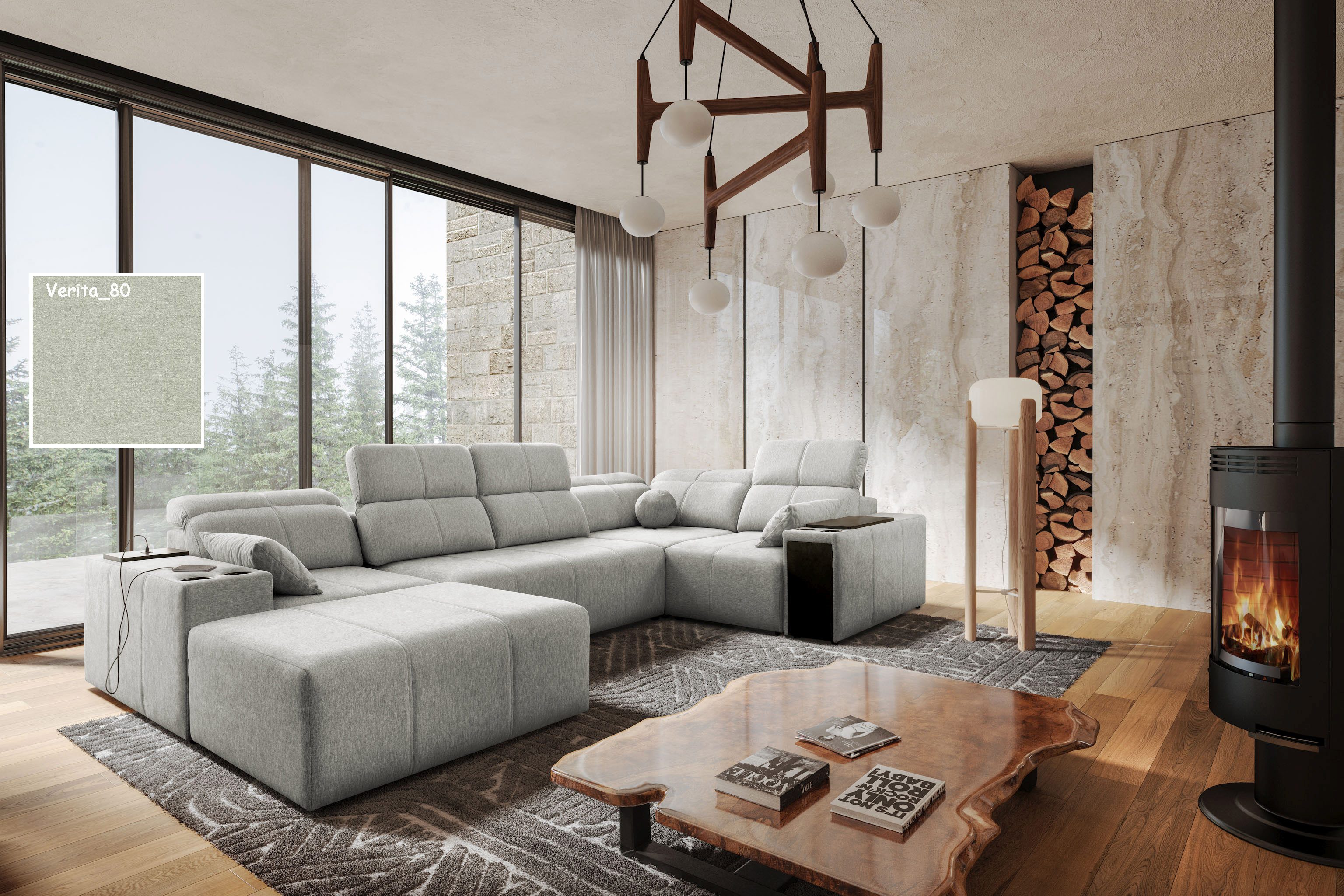 Möbel für Dich Wohnlandschaft Mindy 4 in U-Form mit Sitztiefenverstellung, USB, Ablagen und Hocker, mit Bettfunktion und Bettkasten