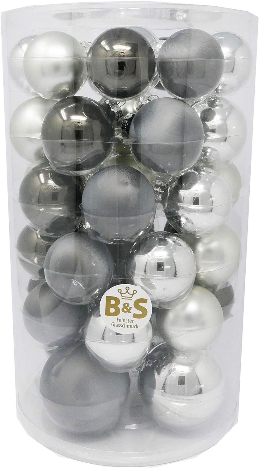 B&S Weihnachtsbaumkugel Weihnachtskugel-Set Glas 46 teilig - 3 Größen - grau Mix Glitzer