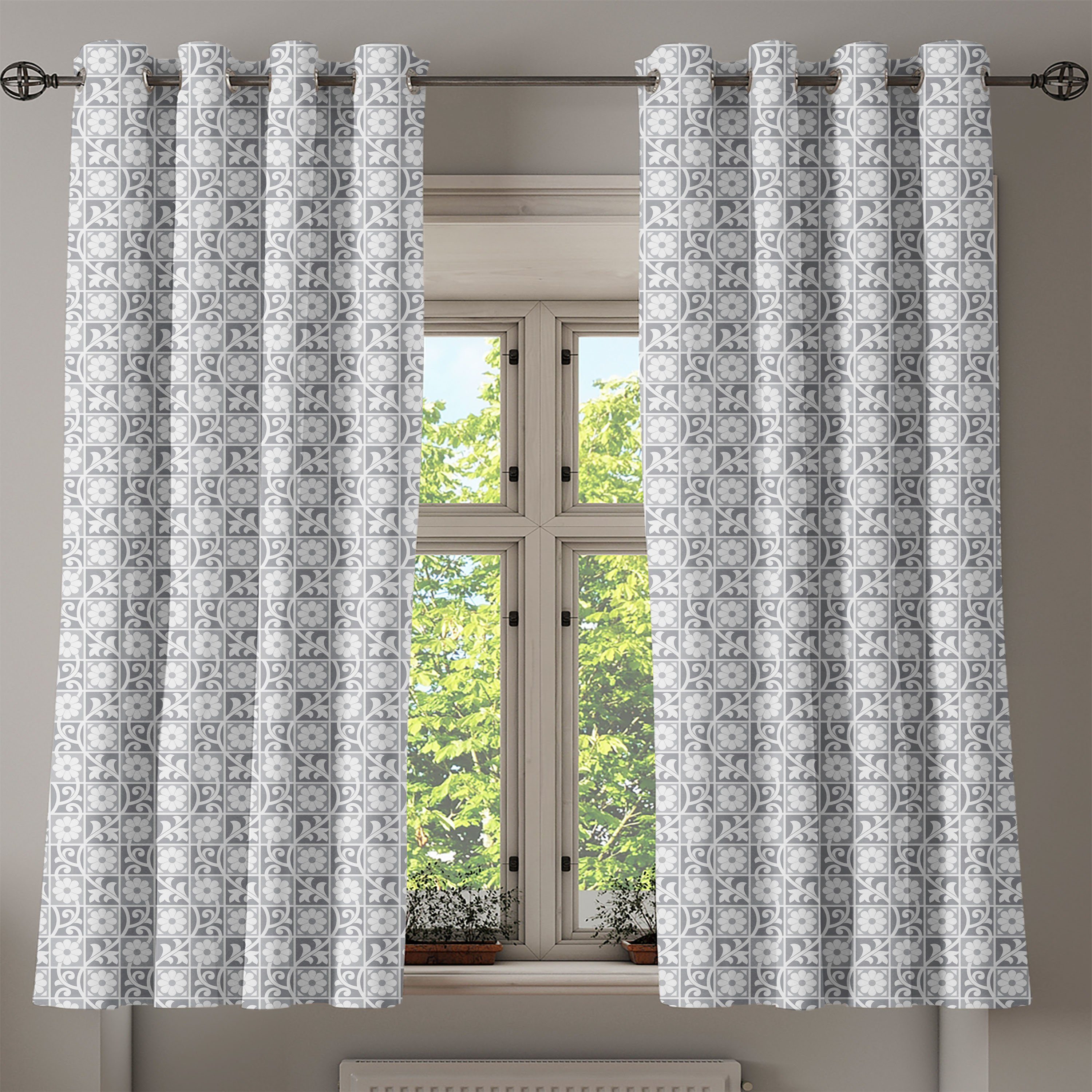 Schlafzimmer Dekorative Wohnzimmer, Blumenverzierungen Abakuhaus, für Königliche Silber 2-Panel-Fenstervorhänge Gardine