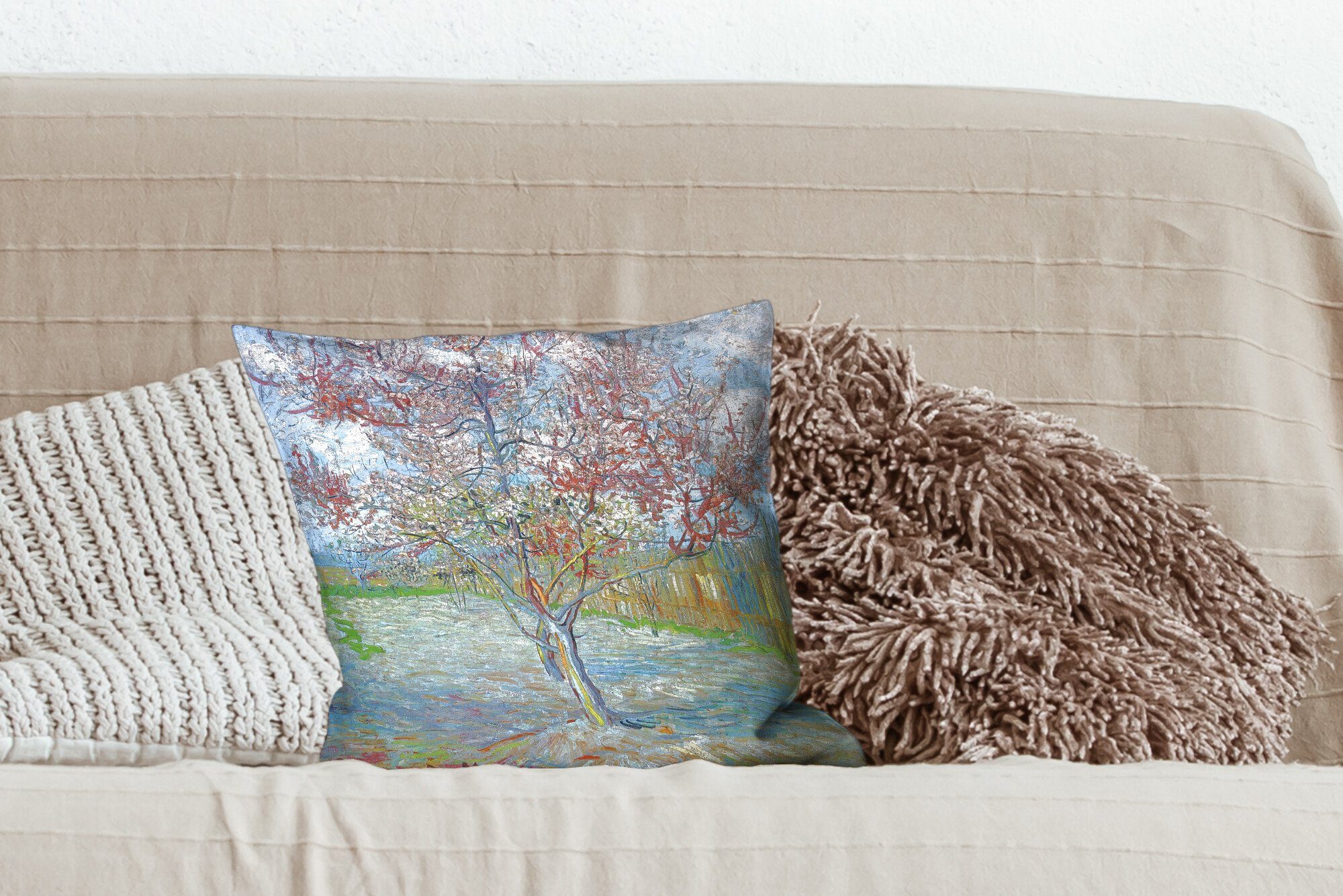Sofakissen Schlafzimmer, Der Deko, Pfirsichbaum - van Füllung Wohzimmer, Dekokissen Gogh, mit für Vincent MuchoWow rosa Zierkissen