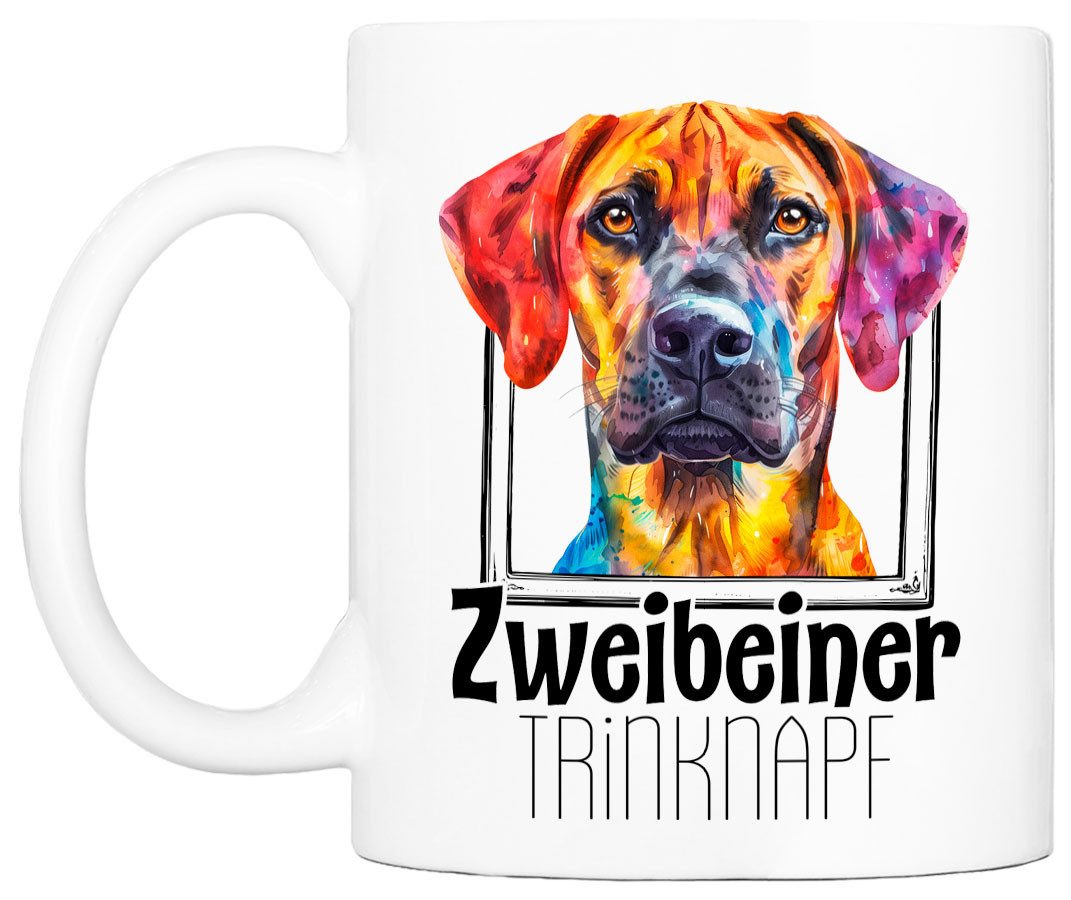 Cadouri Tasse ZWEIBEINER TRINKNAPF mit Ridgeback - Kaffeetasse für Hundefreunde, Keramik, mit Hunderasse, beidseitig bedruckt, handgefertigt, Geschenk, 330 ml