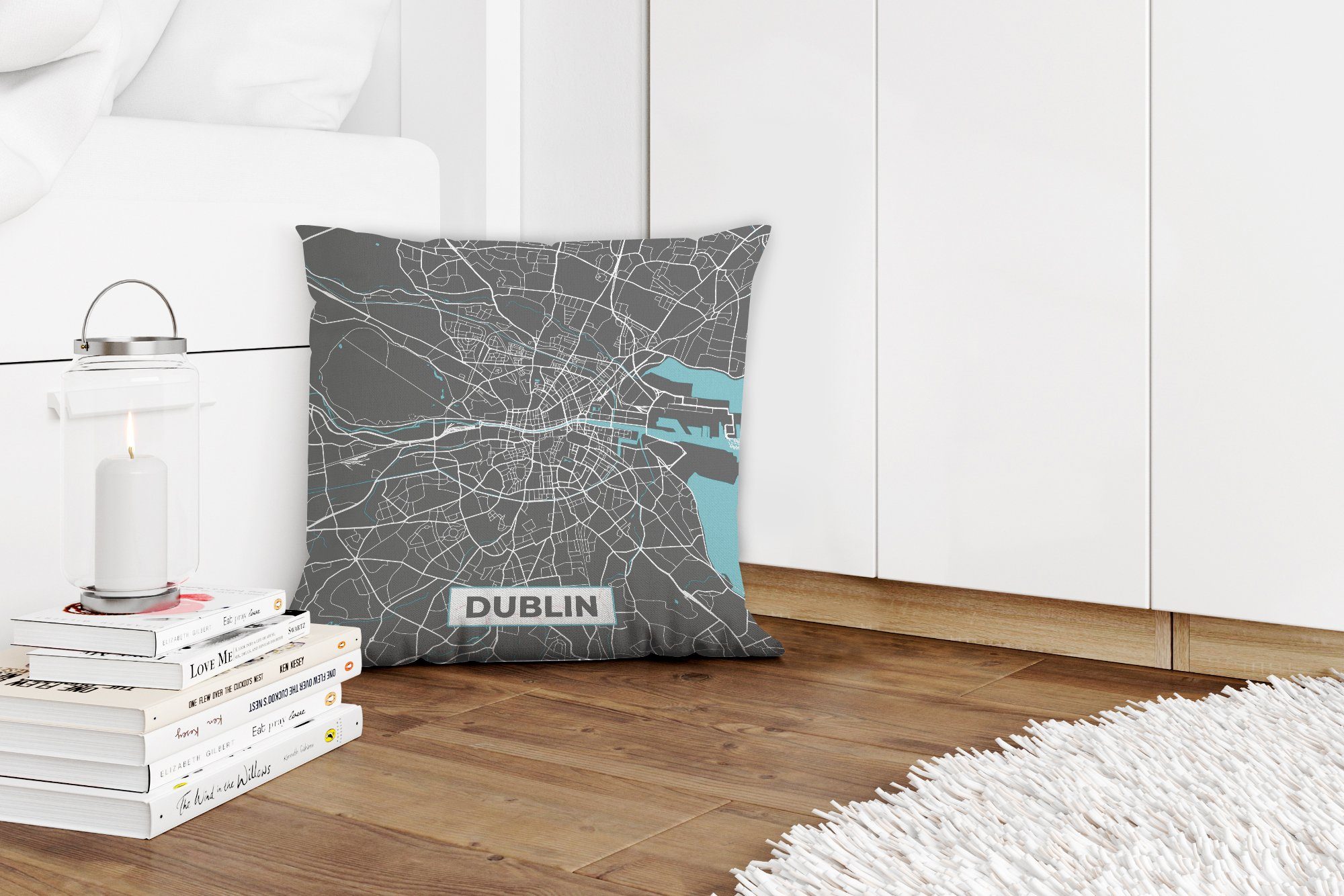 Stadtplan - für mit Schlafzimmer, Sofakissen Blau, Zierkissen - Dekokissen Füllung Dublin Karte MuchoWow - Deko, Wohzimmer,