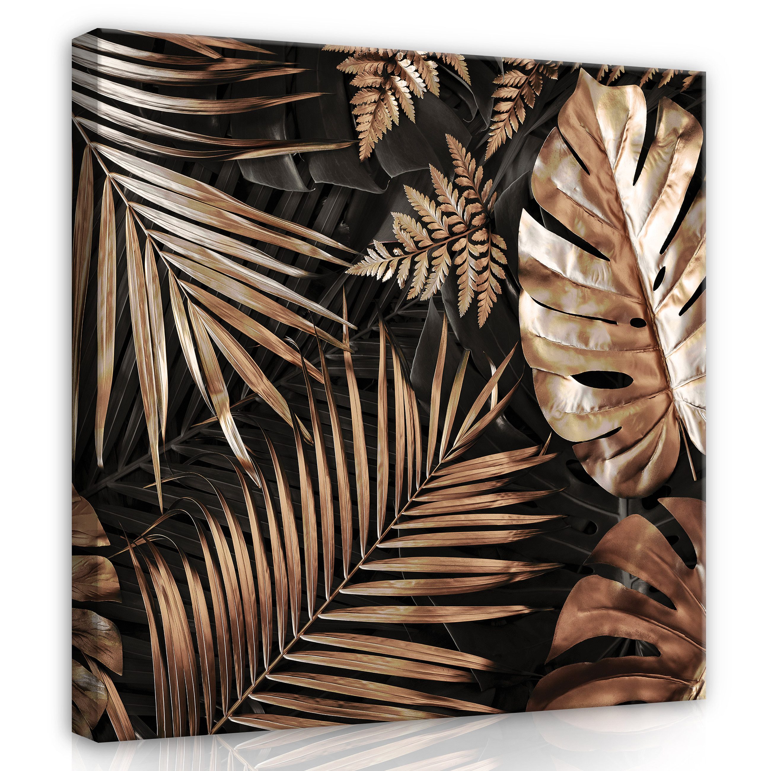 Wallarena Leinwandbild Blätter Abstrakt Gold Schwarz Modern Wandbilder Wand Deko XXL Bilder, Blätter Abstrakt (Einteilig, 1 St), Leinwand Bilder Wohnzimmer Schlafzimmer Küche Wandbild Leinwandbilder