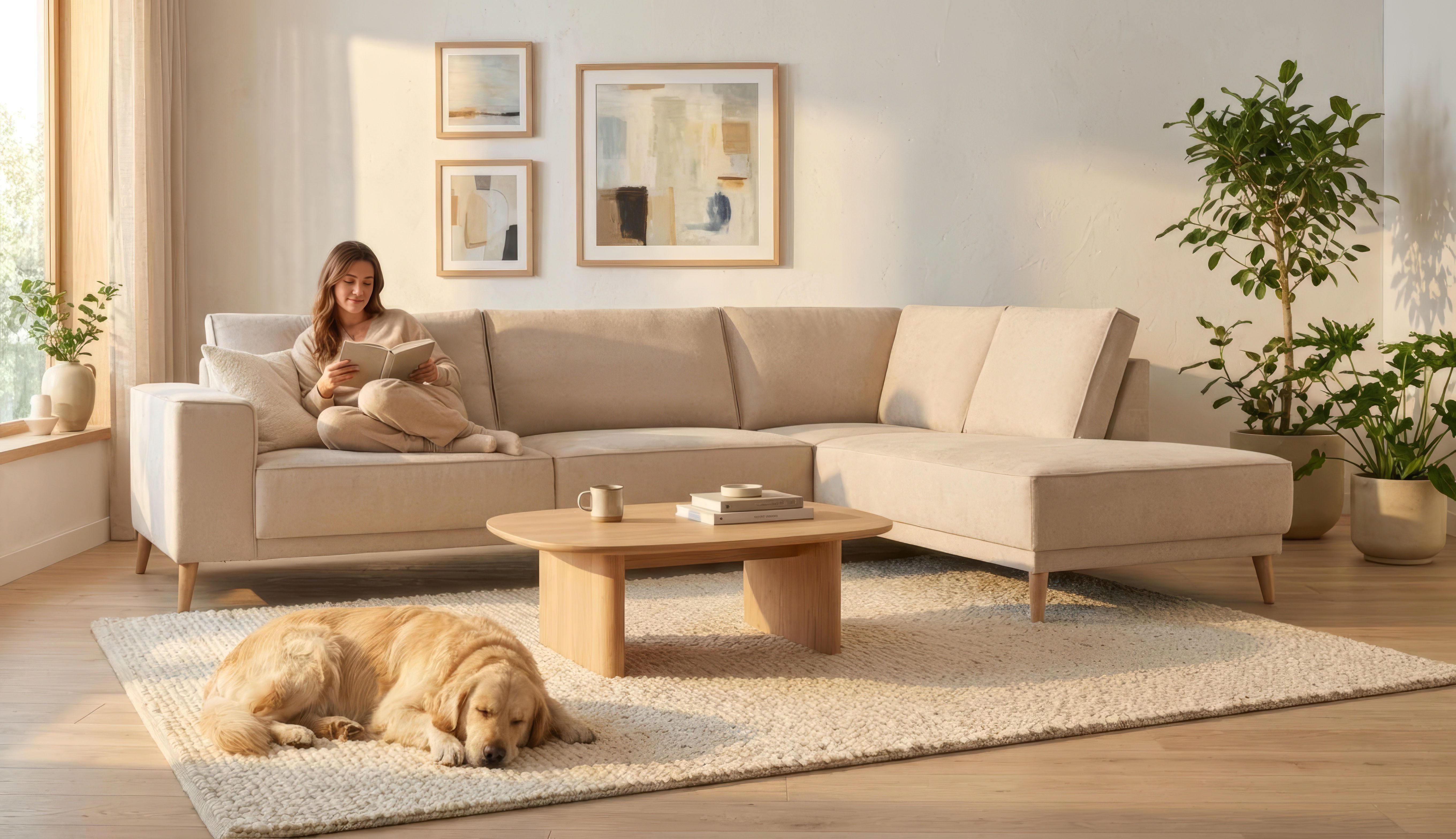 OTTO home Ecksofa Oland Skandi, weicher Chenille-Stoff, L-Form, 289 cm, Wellenunterfederung, Skandi-Design, Massivholzfüße
