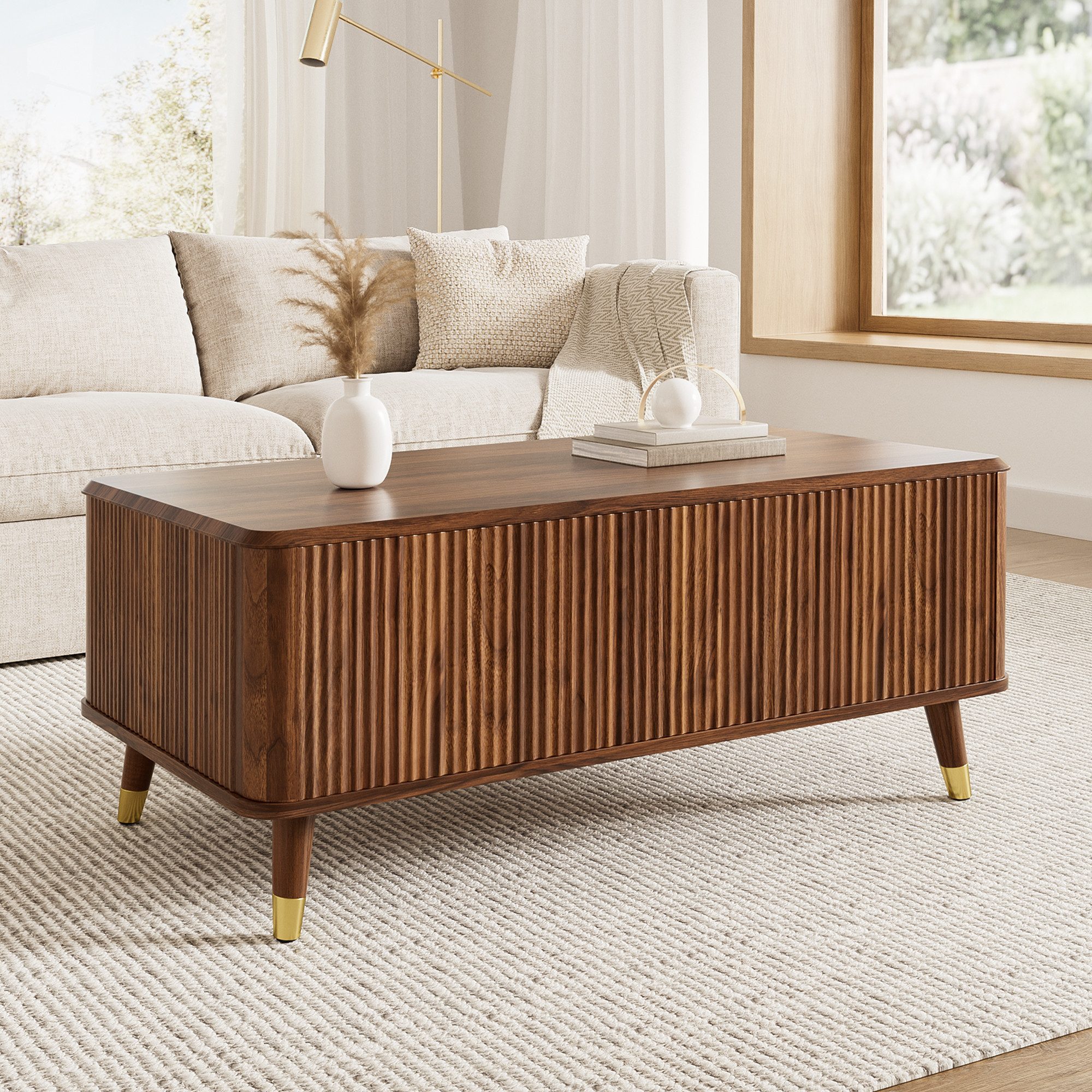 Merax Couchtisch höhenverstellbar Sofatisch Retro Walnuss Beistelltisch (1-St), Wohnzimmertisch mit Stauraum und Holzbeinen, 97x52x56,5 cm