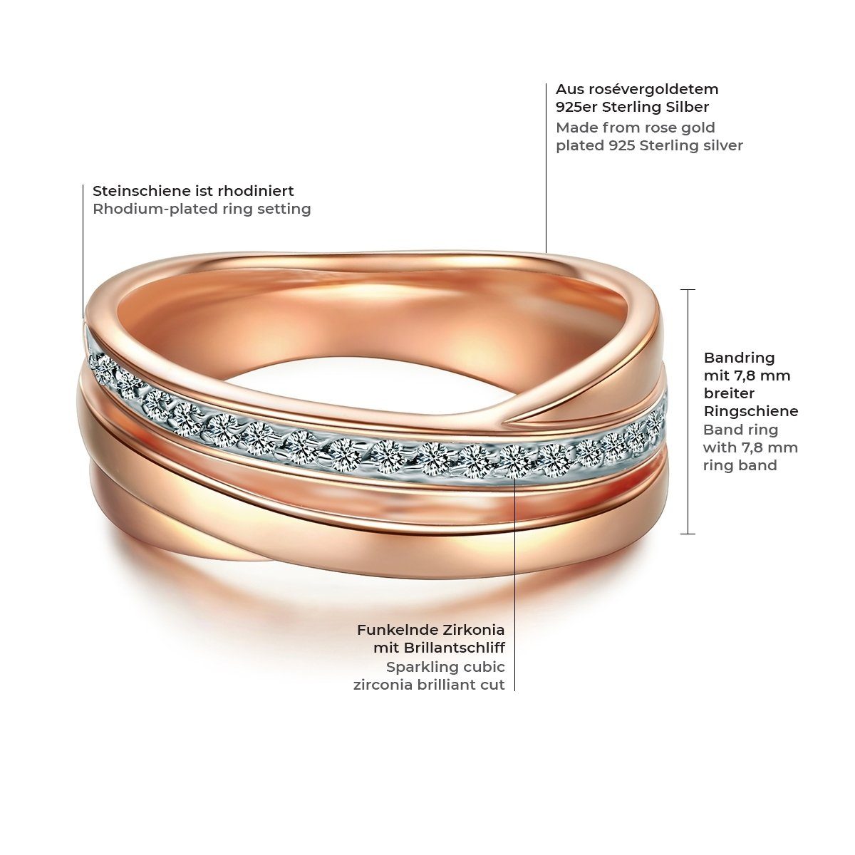 Zirkonia aus in Trilani rosévergoldet, Damen-Ring Silber, Silberring mit Sterling