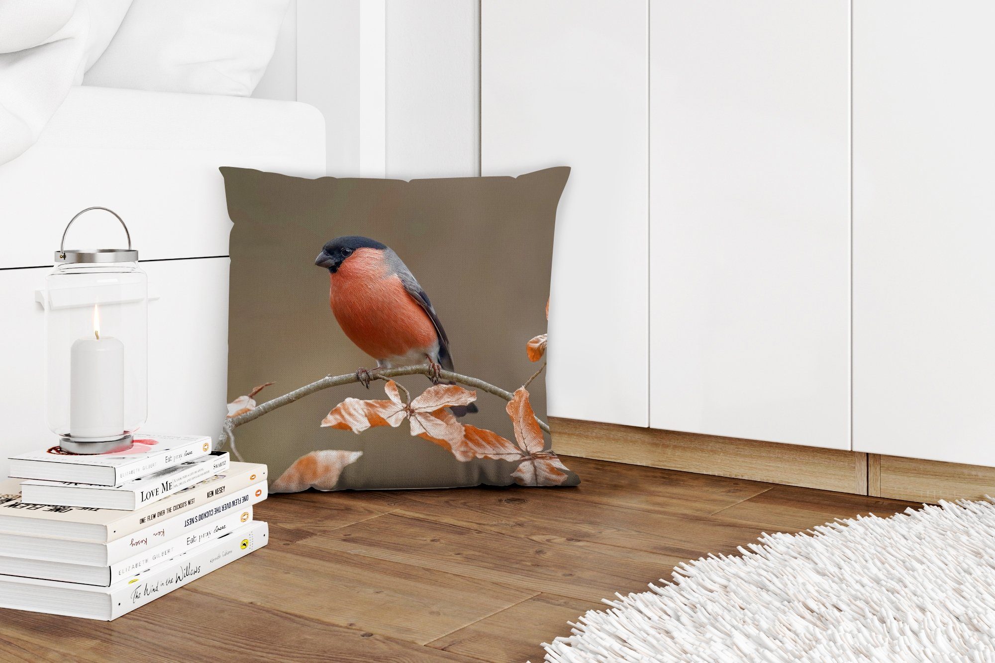 Dekokissen - Schlafzimmer, Wohzimmer, Gimpel Vogel Sofakissen MuchoWow Füllung -, - - Herbst für Laub Zierkissen Deko, mit