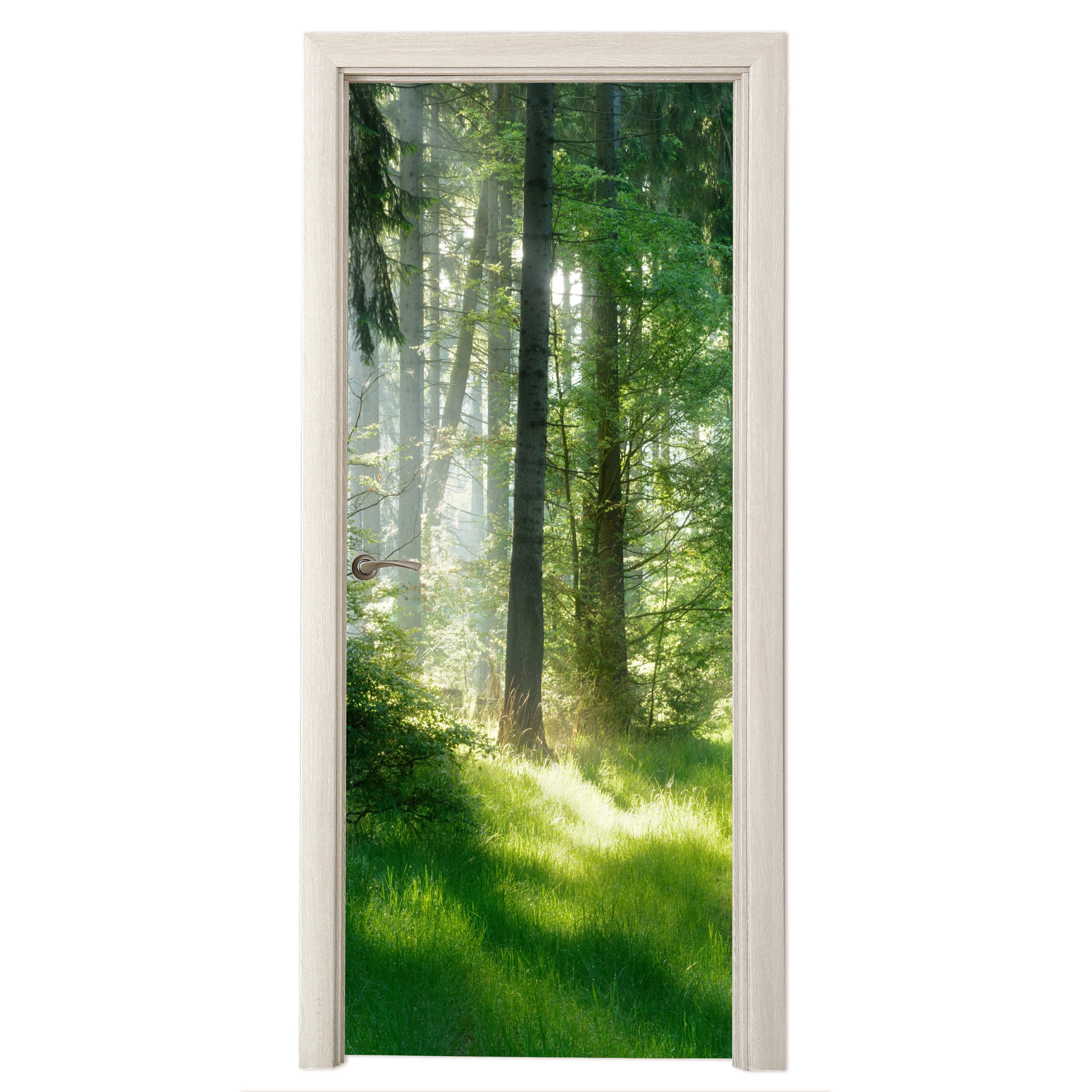 MuchoWow Türtapete Natur - Bäume - Wald - Grün - Sonne - Gras - Pflanzen, Matt, bedruckt, (1 St), Selbstklebende Tapete, Folie für Möbel, 70x215 cm