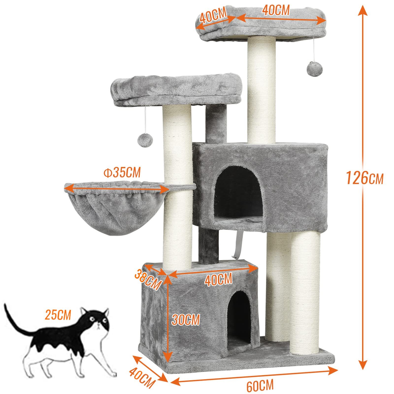 MSMASK Kratzbaum groß für Katzen stabil mit Sisal-Kratzstangen, 2 Aussichtsplattform