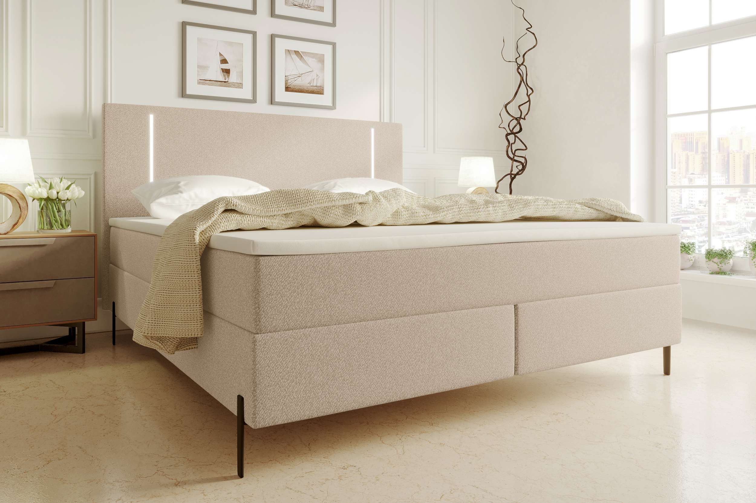 99rooms Boxspringbett Favon (Schlafzimmerbett, Bett), 140/160/180/200x200 cm, in Strukturstoff NEVE, mit Topper