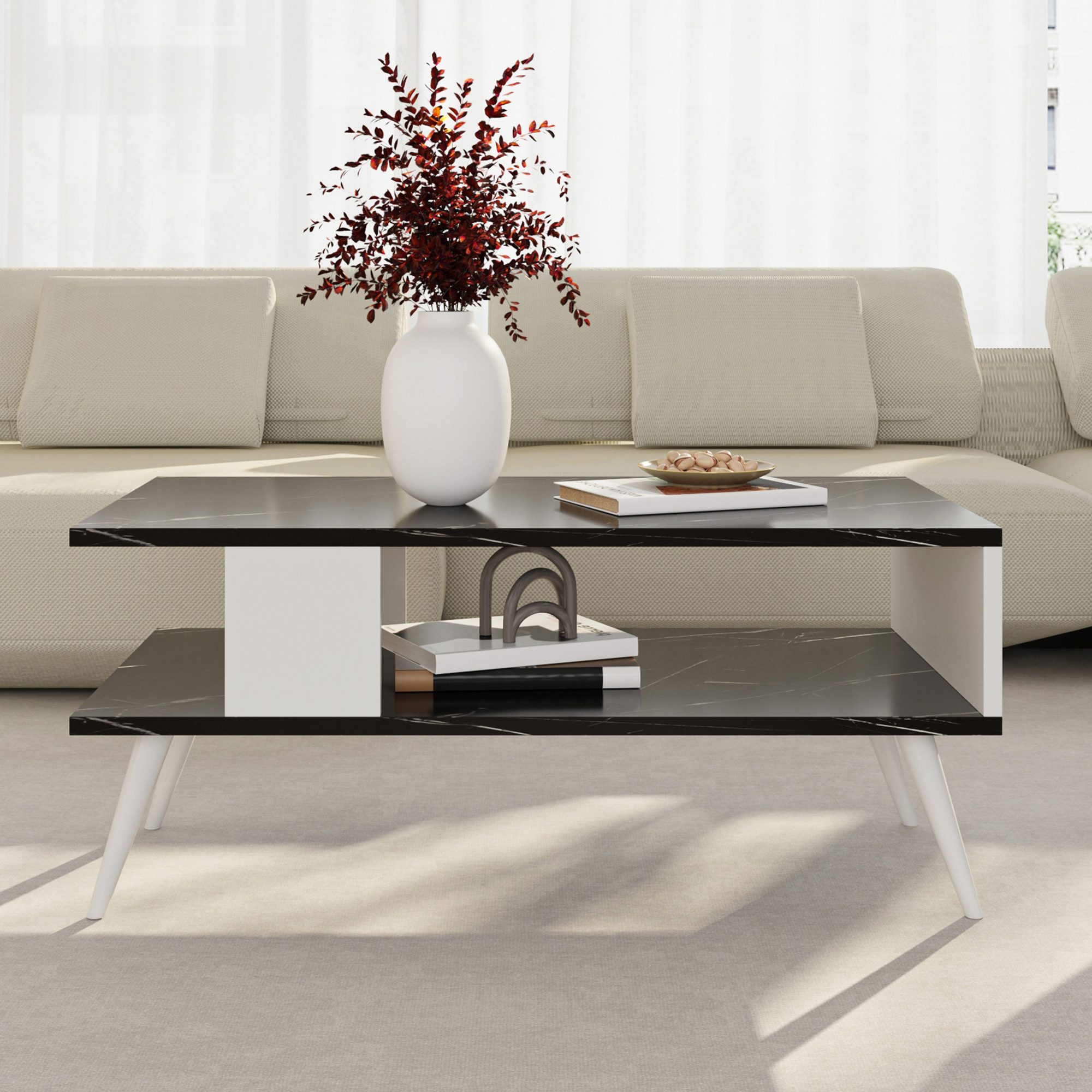 en.casa Couchtisch, »Lycksele« Wohnzimmertisch 40x90x45cm Marmor-Optik Schwarz/Weiß