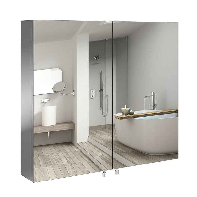 Homfa Spiegelschrank Edelstahl Spiegelschrank, 76 cm breit, Hängeschrank, Badezimmerschrank, Wandschrank, mit 3 Fächern