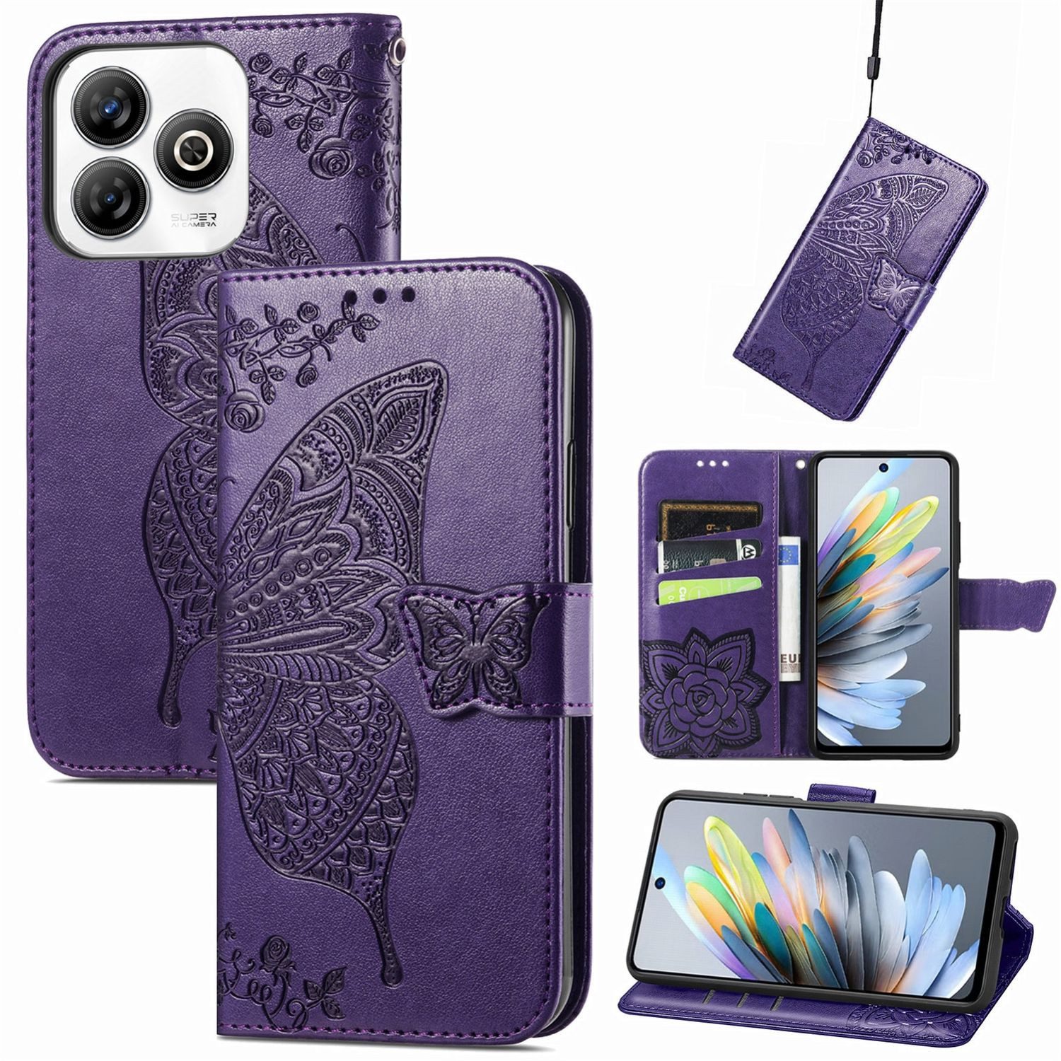 Wigento Smartphone-Hülle Für ZTE Blade A75 4G Kunstleder Schmetterling Wallet Hülle Tasche Lila, Kunst-Leder Schutzhülle Smart Case Cover magnetischer Verschluss