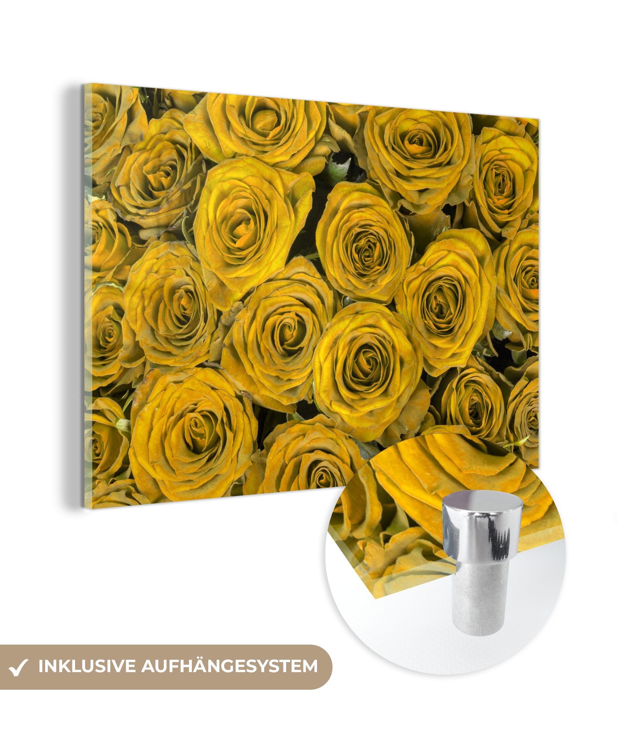 Blumenstrauß, auf Rosen - Wandbild Foto - Bilder auf Gelb Glasbilder MuchoWow Wanddekoration - St), Glas Glas Acrylglasbild - (1 -