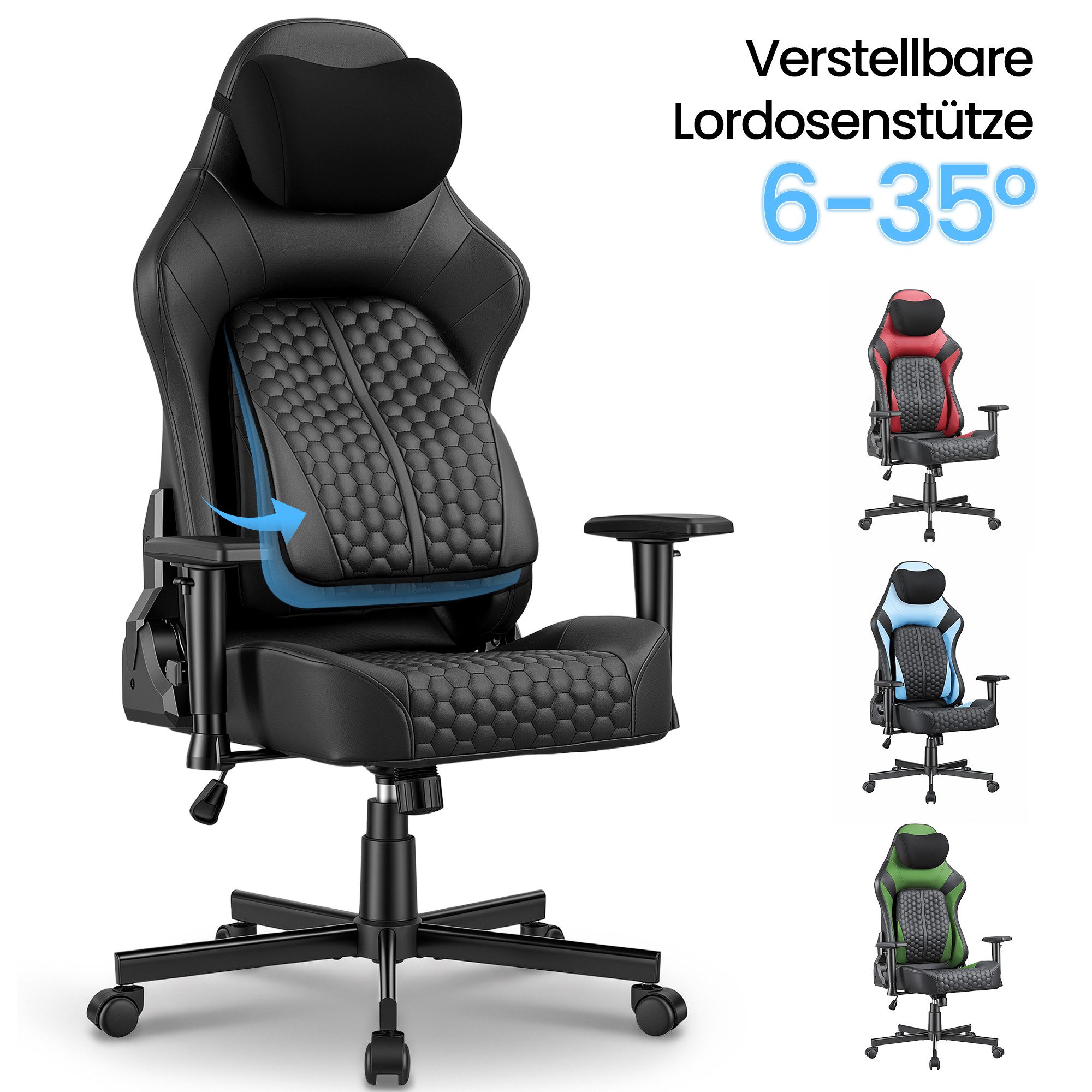 HOMALL Gaming-Stuhl gaming stuhl,mit verstellbarer Lendenstütze 6°-35°, 2D-Armlehnen,Rückenlehne 90°-135° verstellbar,150kg Belastbarkeit