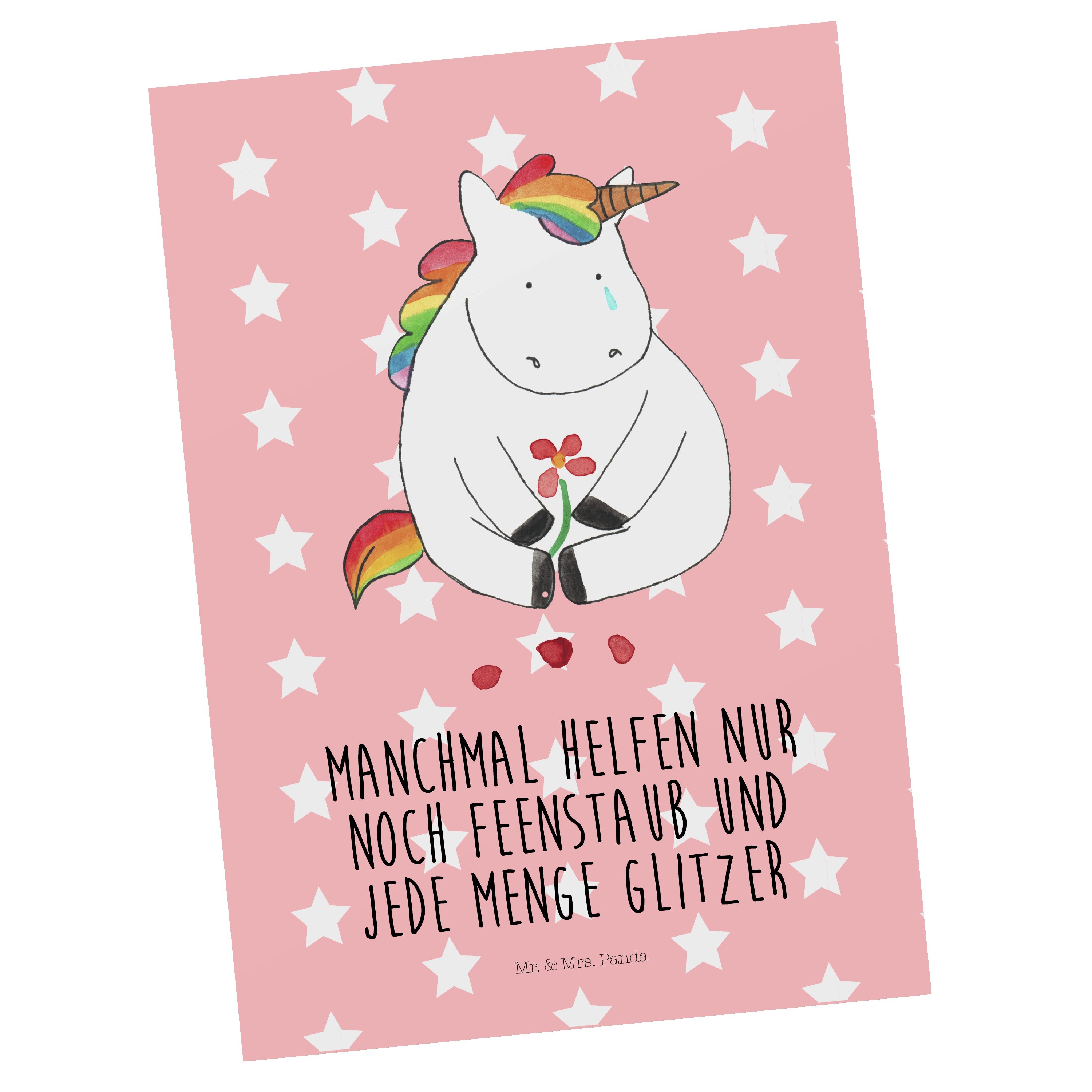 Mr. & Mrs. Panda Postkarte Einhorn Traurig - Rot Pastell - Geschenk, Einhörner, Unicorn, Geschen
