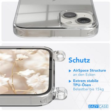 EAZY CASE Handykette Boho Umhängeband für Apple iPhone 14 Plus 6,7 Zoll, Kameragurt zum Umhängen Handy Case Transparent Silicon Bumper Bag Blau