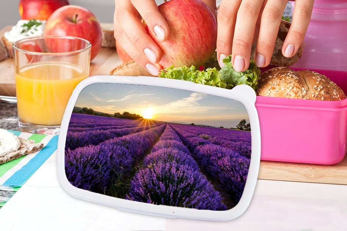 MuchoWow Lunchbox Lavendel - Brotdose Brotbox Kinder, Kunststoff, (2-tlg), Lila, Snackbox, Kunststoff für - Blumen rosa Erwachsene, Mädchen, Sonnenuntergang 